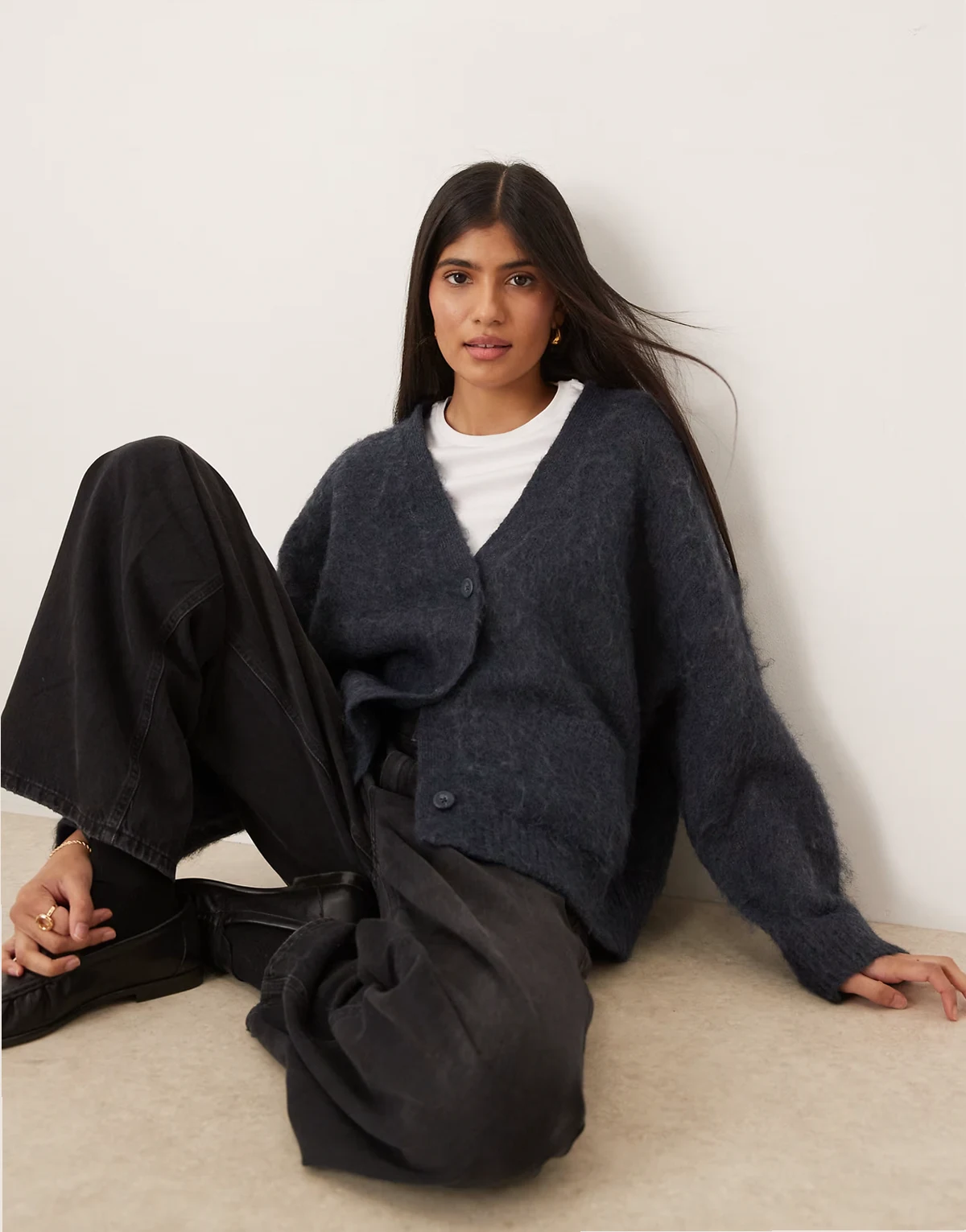 knit brushed boxy pocket cardigan in navy