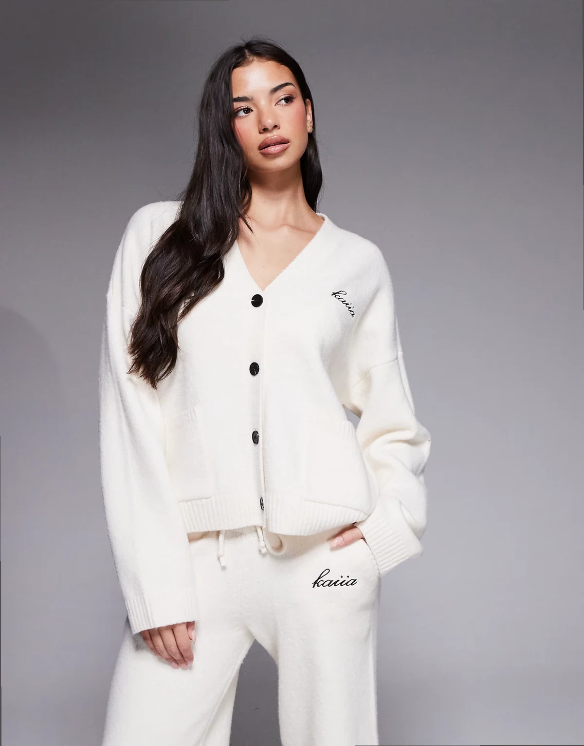 wool feel knit embroidered logo button through cardigan in cream - part of a set