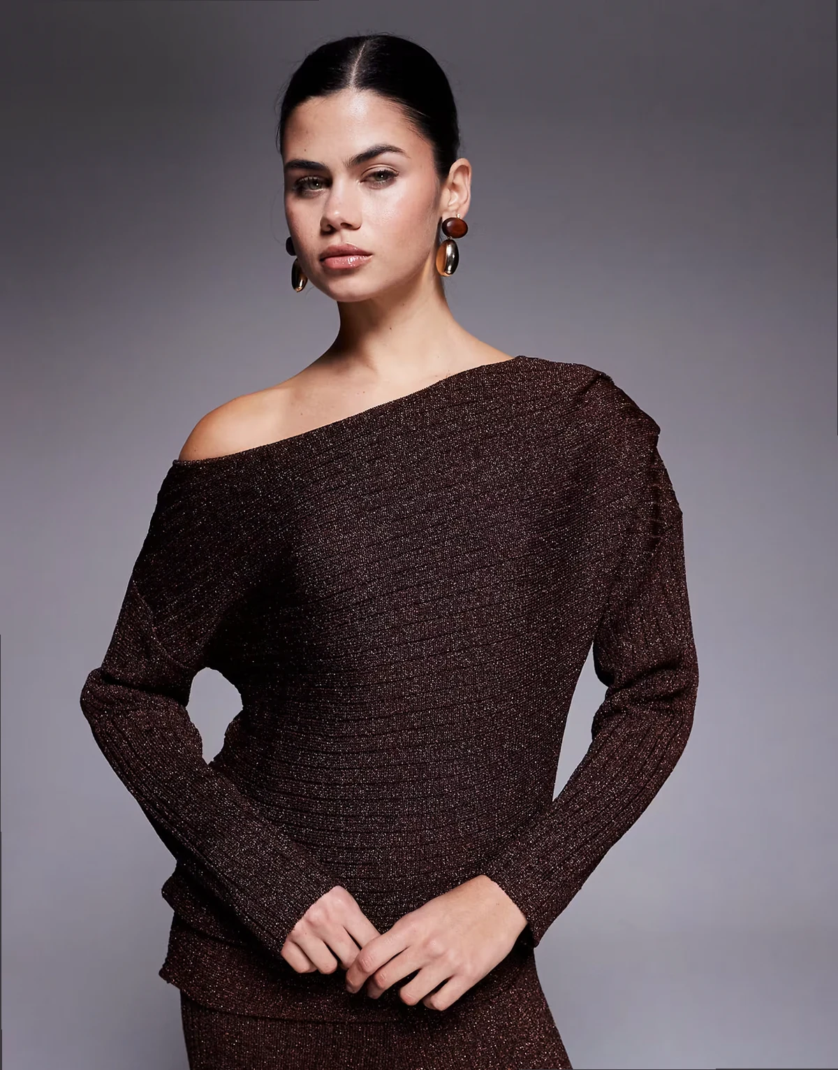 one-shoulder glitter textured loungewear top in brown - part of a set