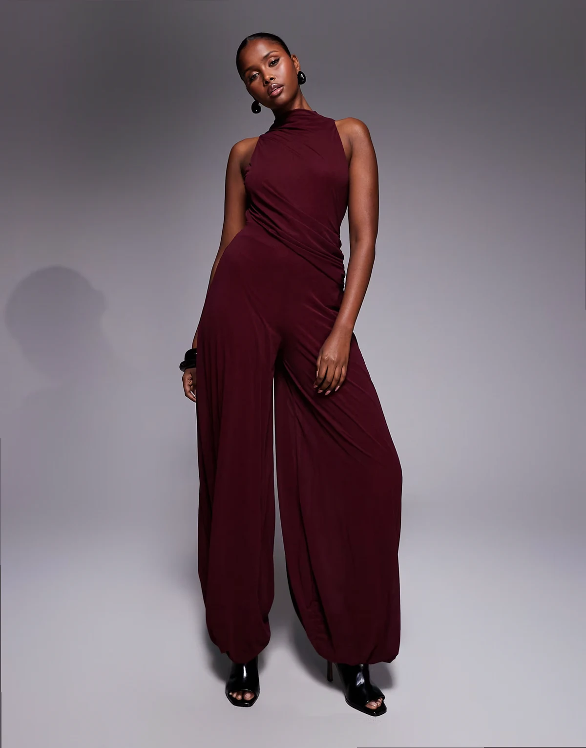 peplum balloon pants jumpsuit in wine