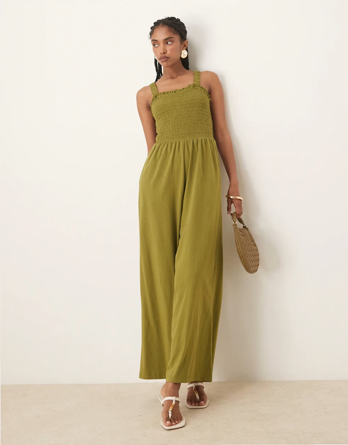 shirred bodice wide leg jumpsuit in khaki
