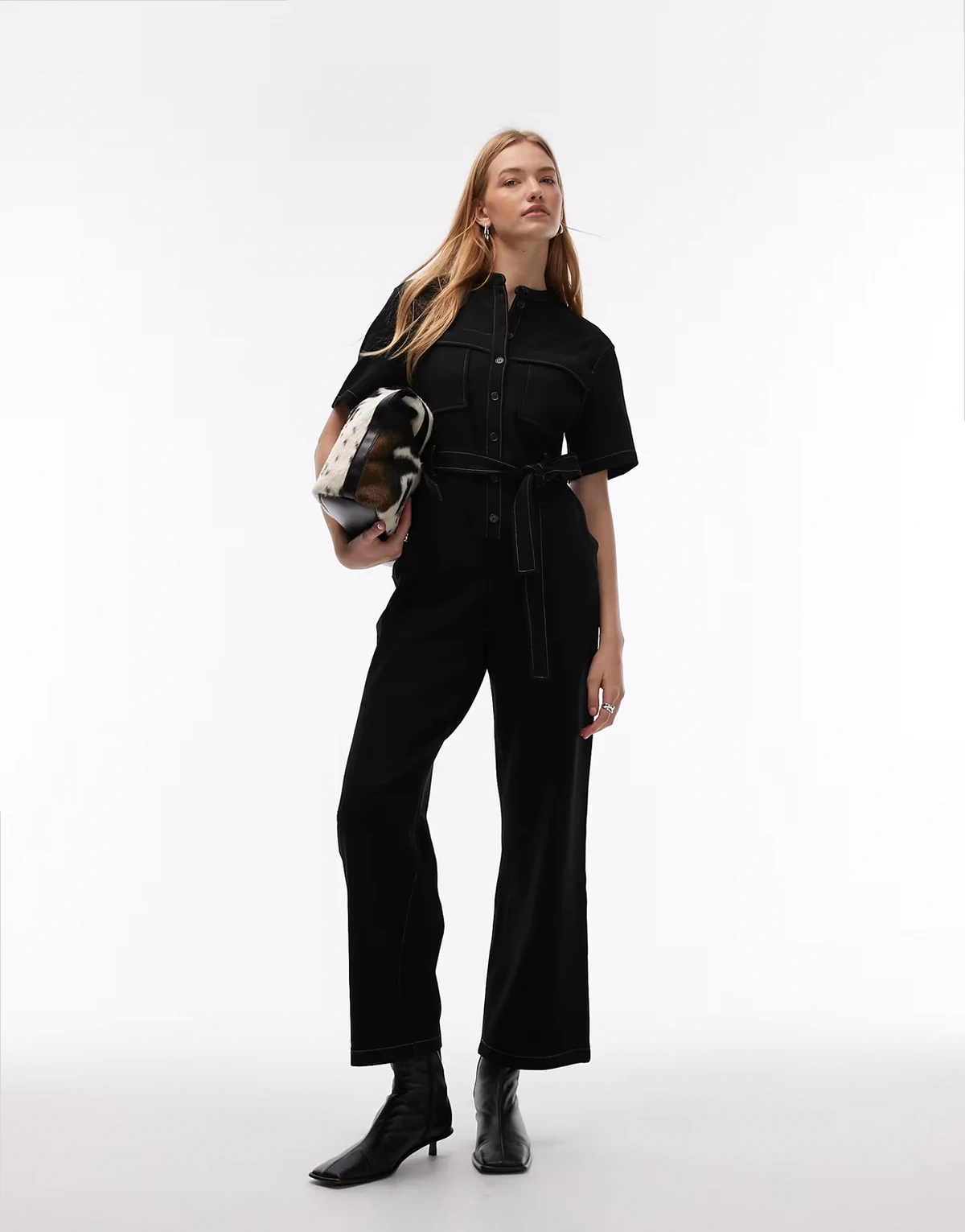 wide leg stretch jumpsuit with tie waist and utility pockets in black