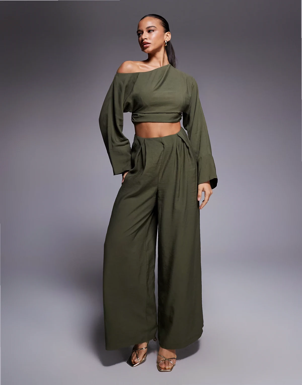 fallen shoulder faux set jumpsuit in khaki
