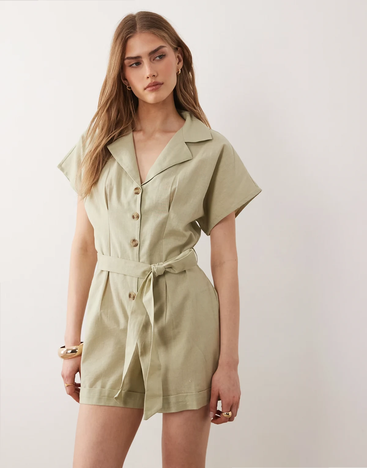 button tie linen mix romper in sage green