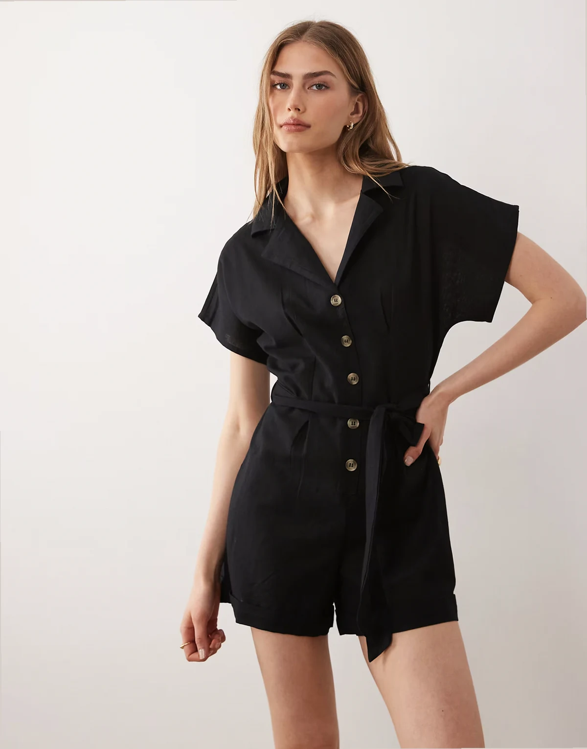 button tie linen mix romper in black