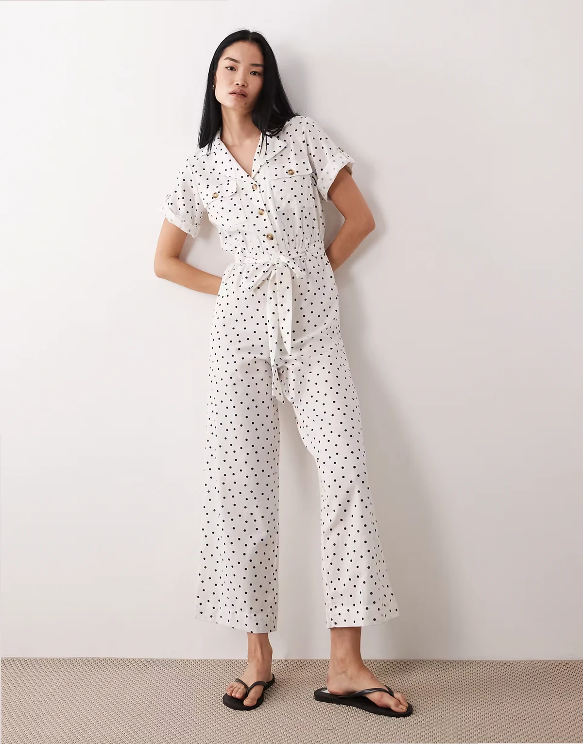 short sleeve collared jumpsuit in white polka dots