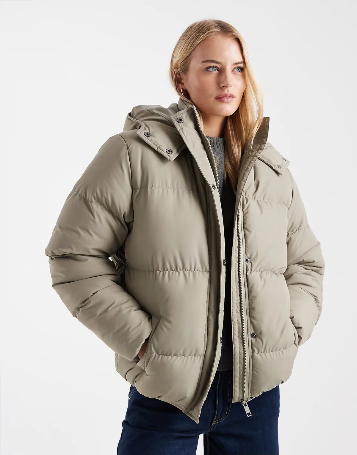 Tall hooded cropped puffer jacket in sage green