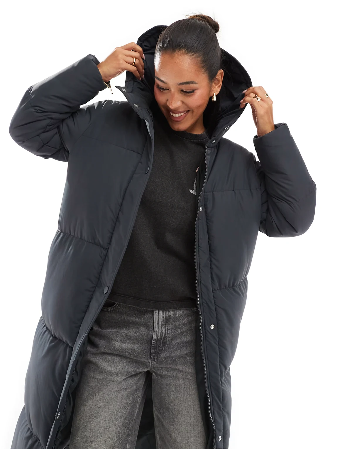 maxi puffer coat with hood in charcoal gray