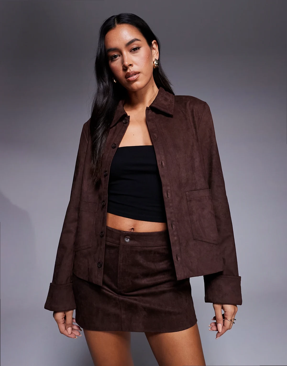 Exclusive faux suede pocket front wide cuff jacket in chocolate - part of a set