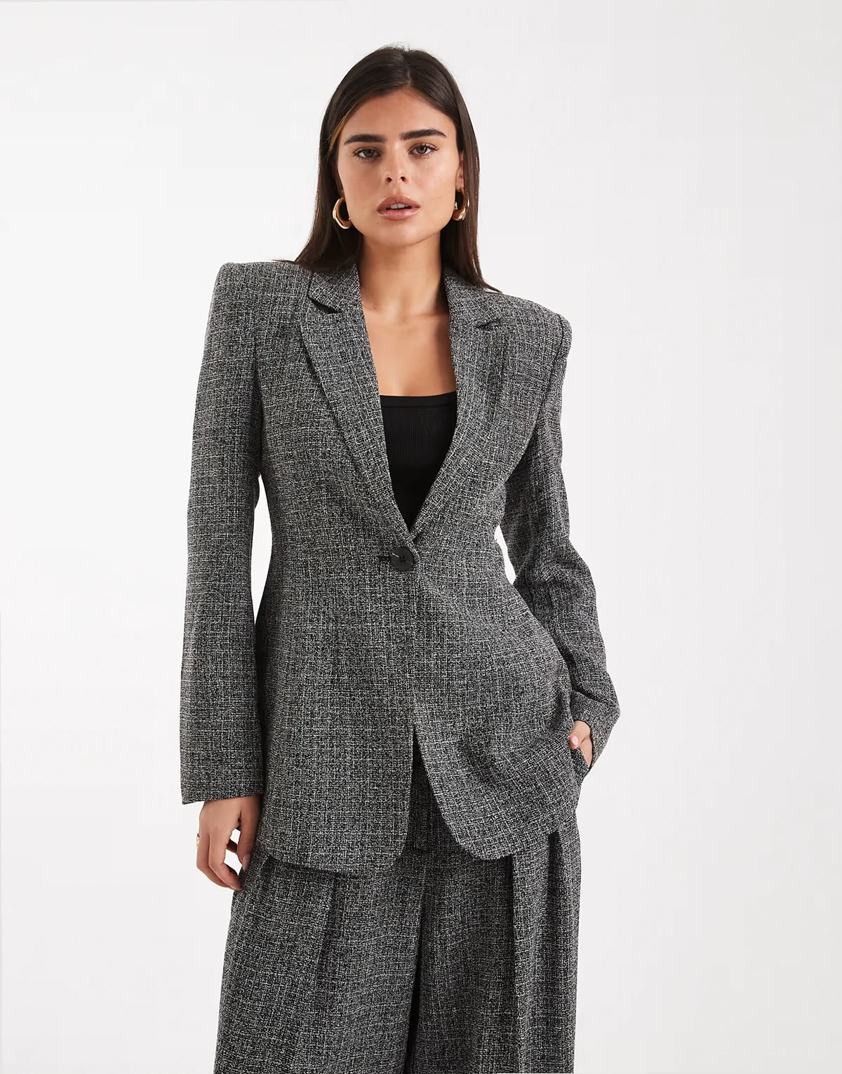 – Eleganter, taillierter Blazer aus Tweed in meliertem Schwarz, Kombiteil