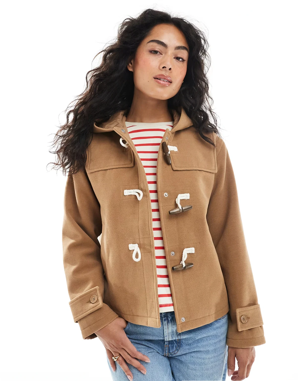 hooded faux wool duffle coat with toggle front in camel