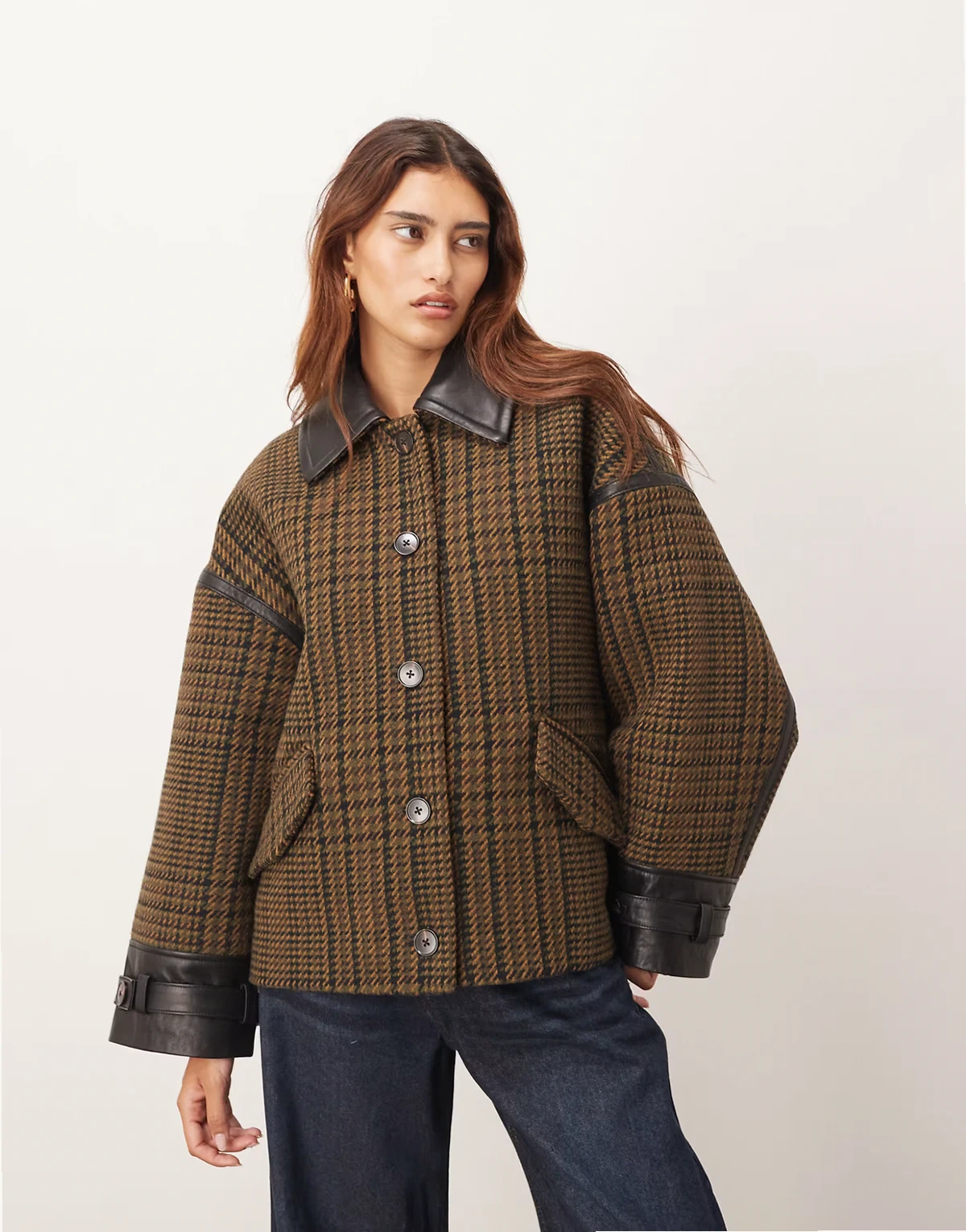 houndstooth brushed wool blend coat with leather detailing in brown