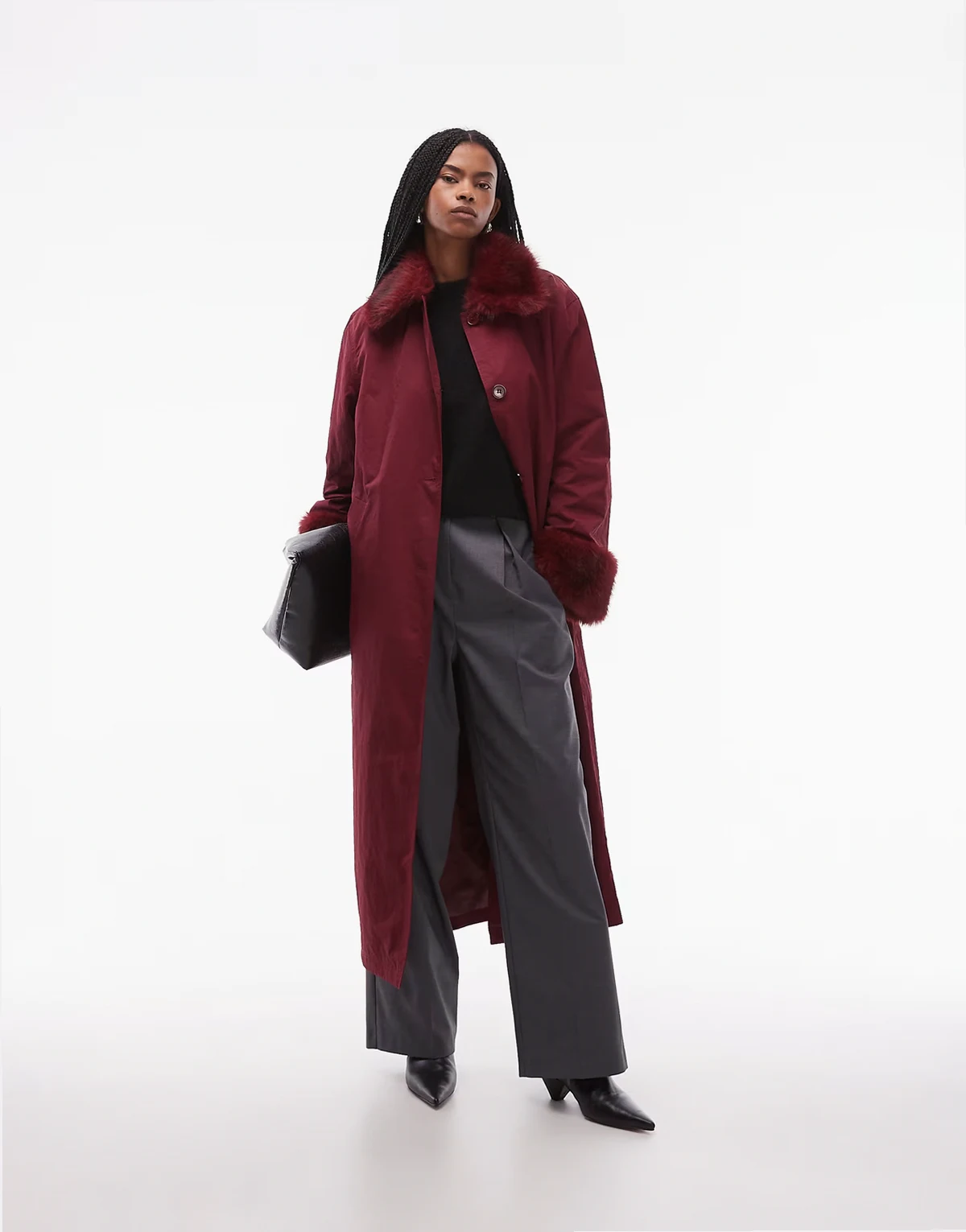 – Longline-Trenchcoat mit Kunstpelzbesatz