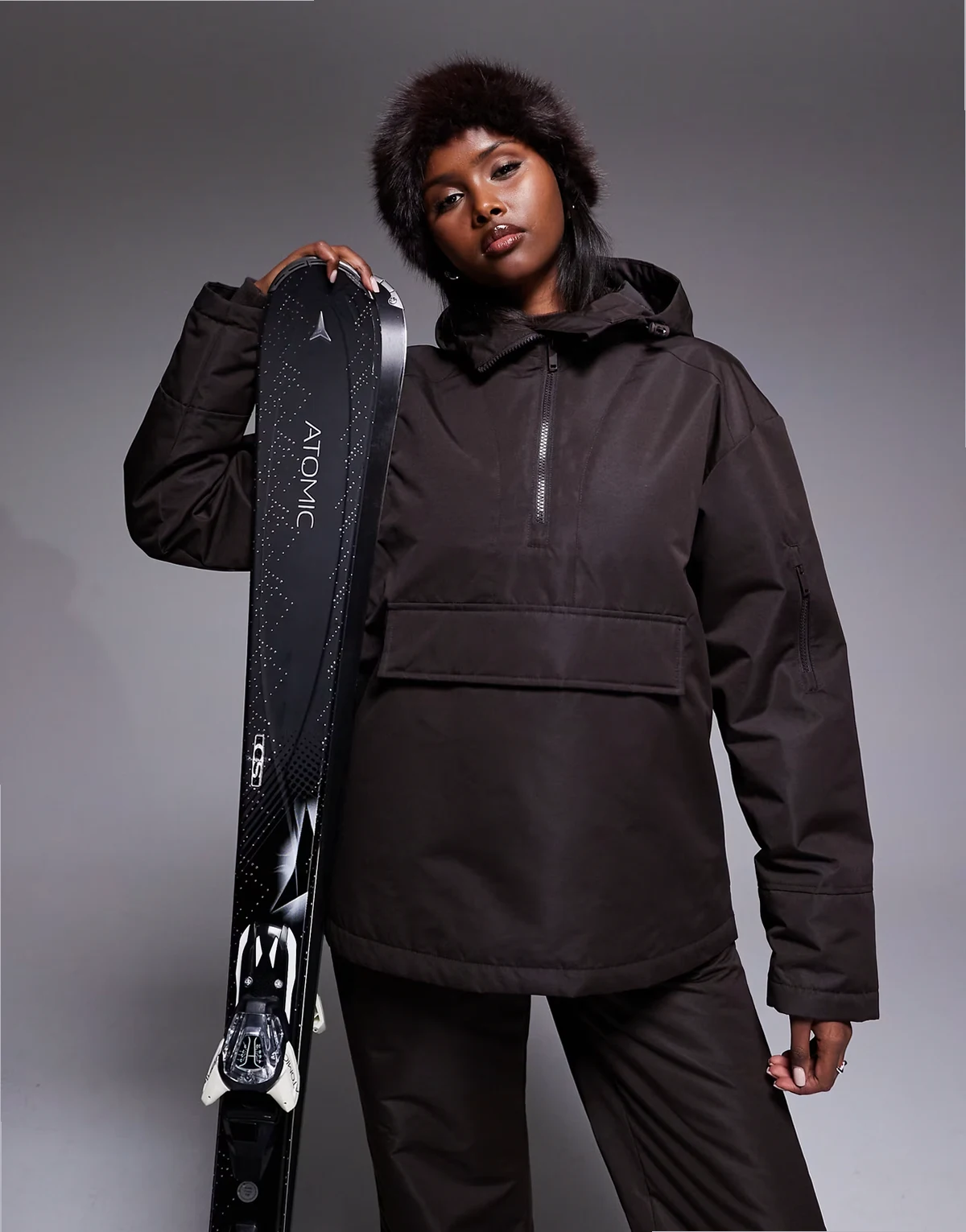 Ski over the head jacket with hood in chocolate brown