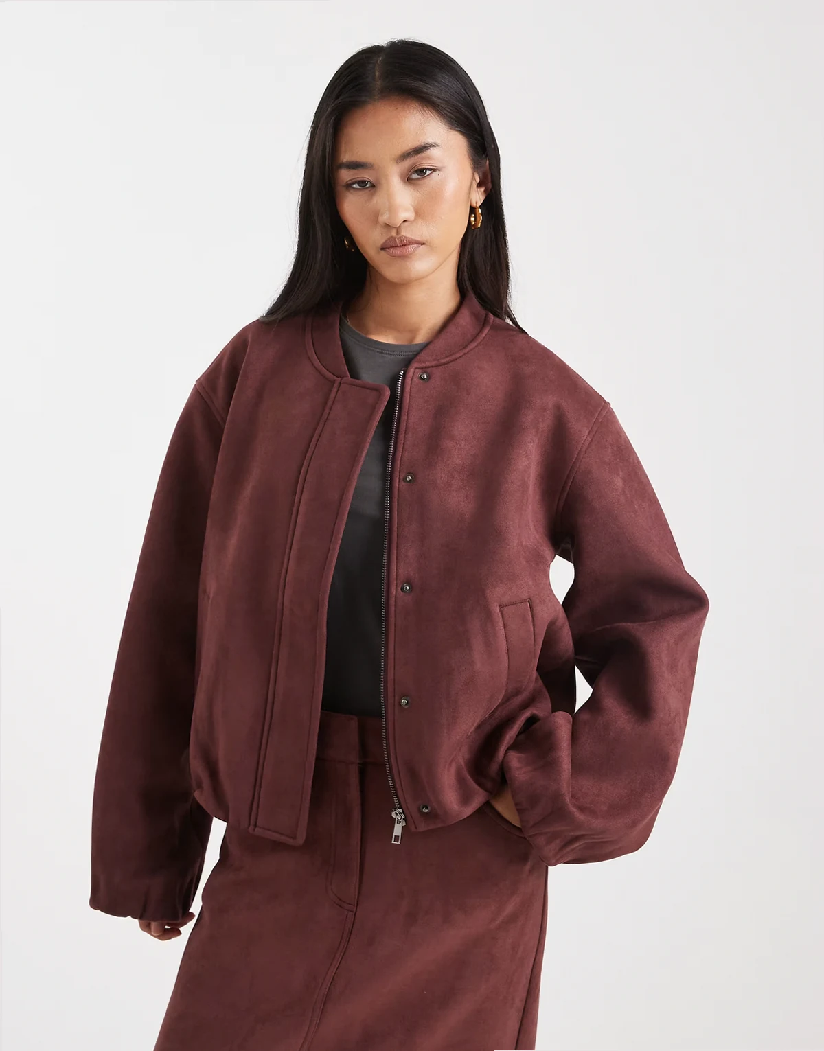 super soft faux suede zip through bomber jacket in burgundy - part of a set
