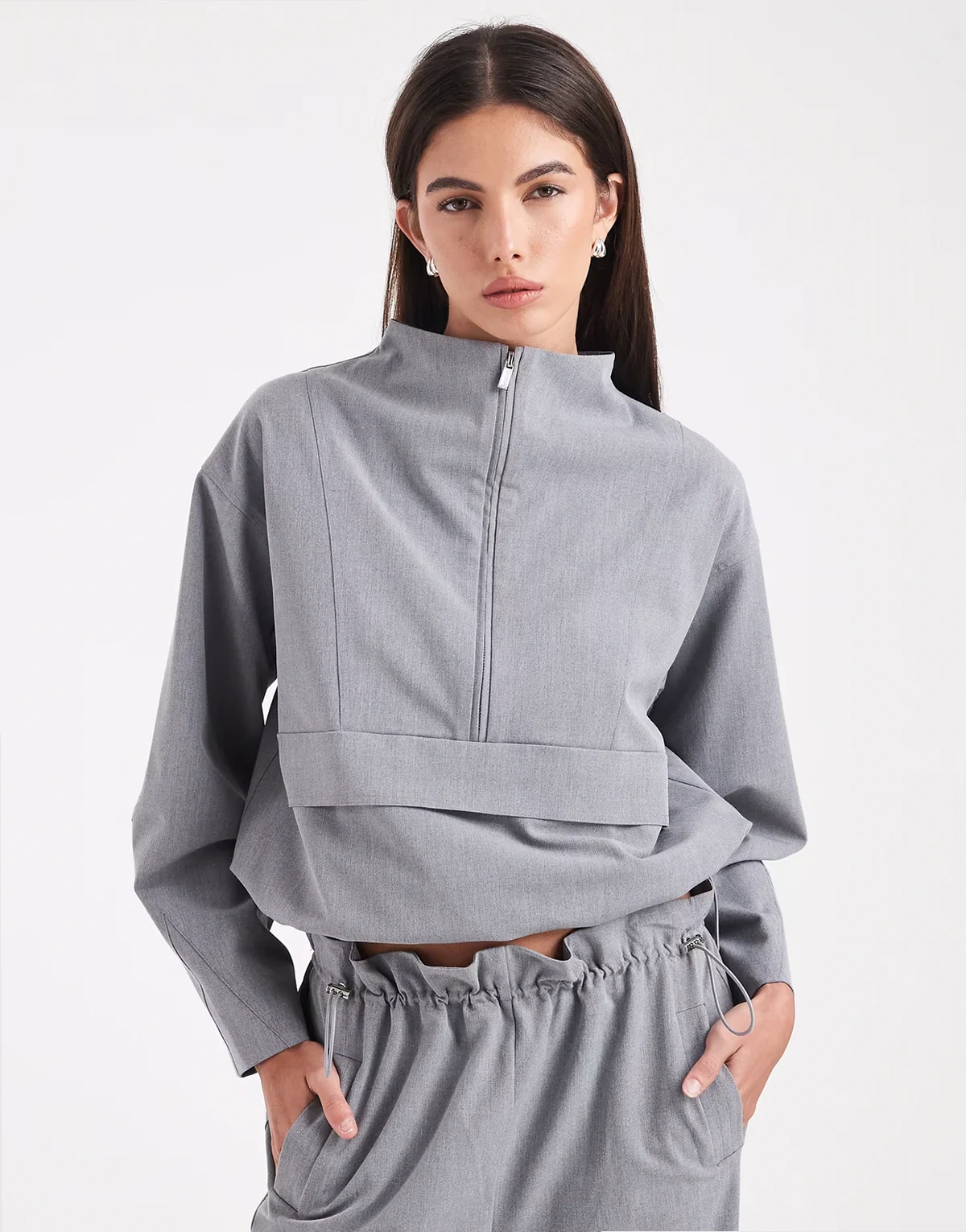 exclusive funnel neck seam detail toggle tailored pullover jacket in gray - part of a set