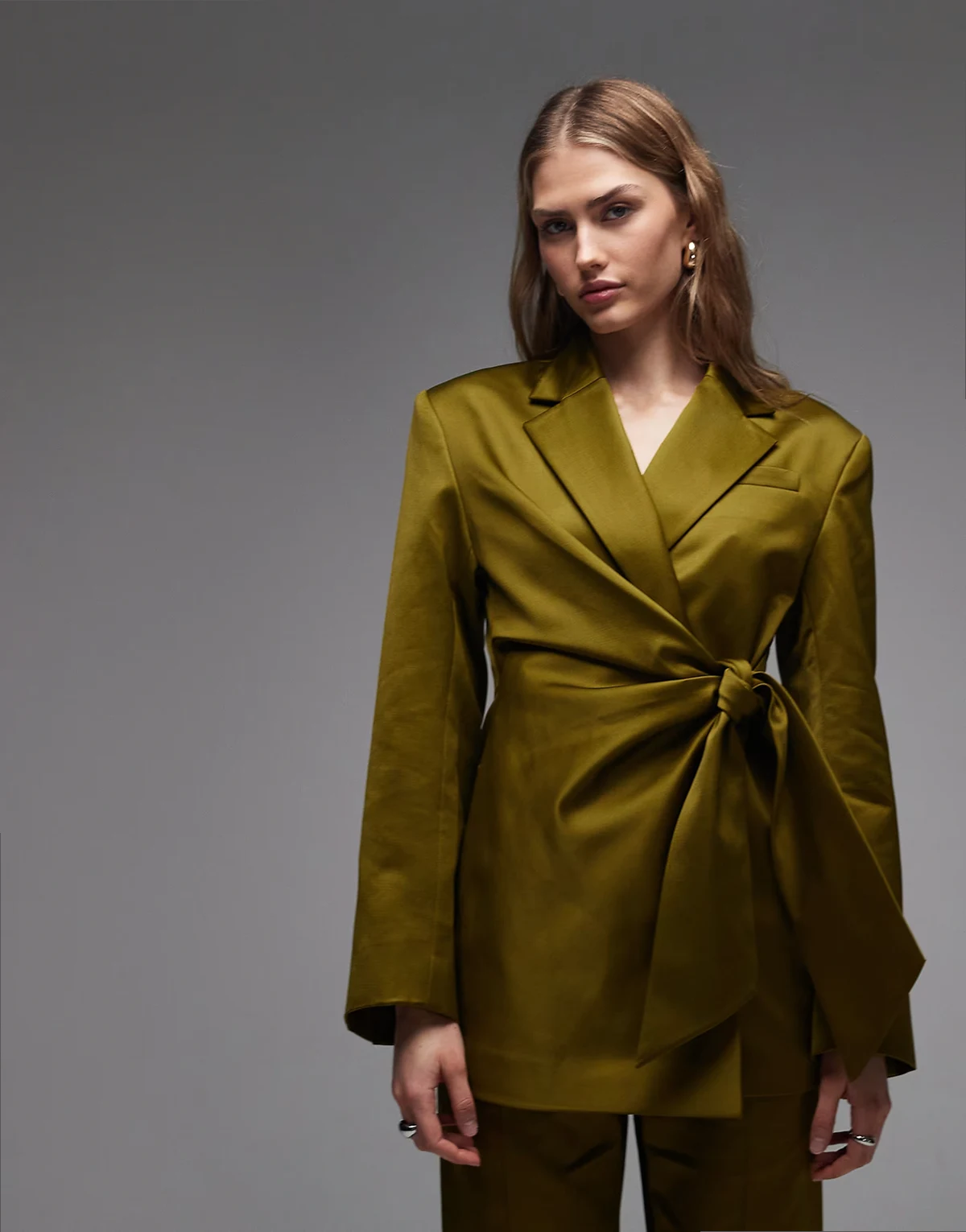 satin blazer with tie waist detail in olive - part of a set