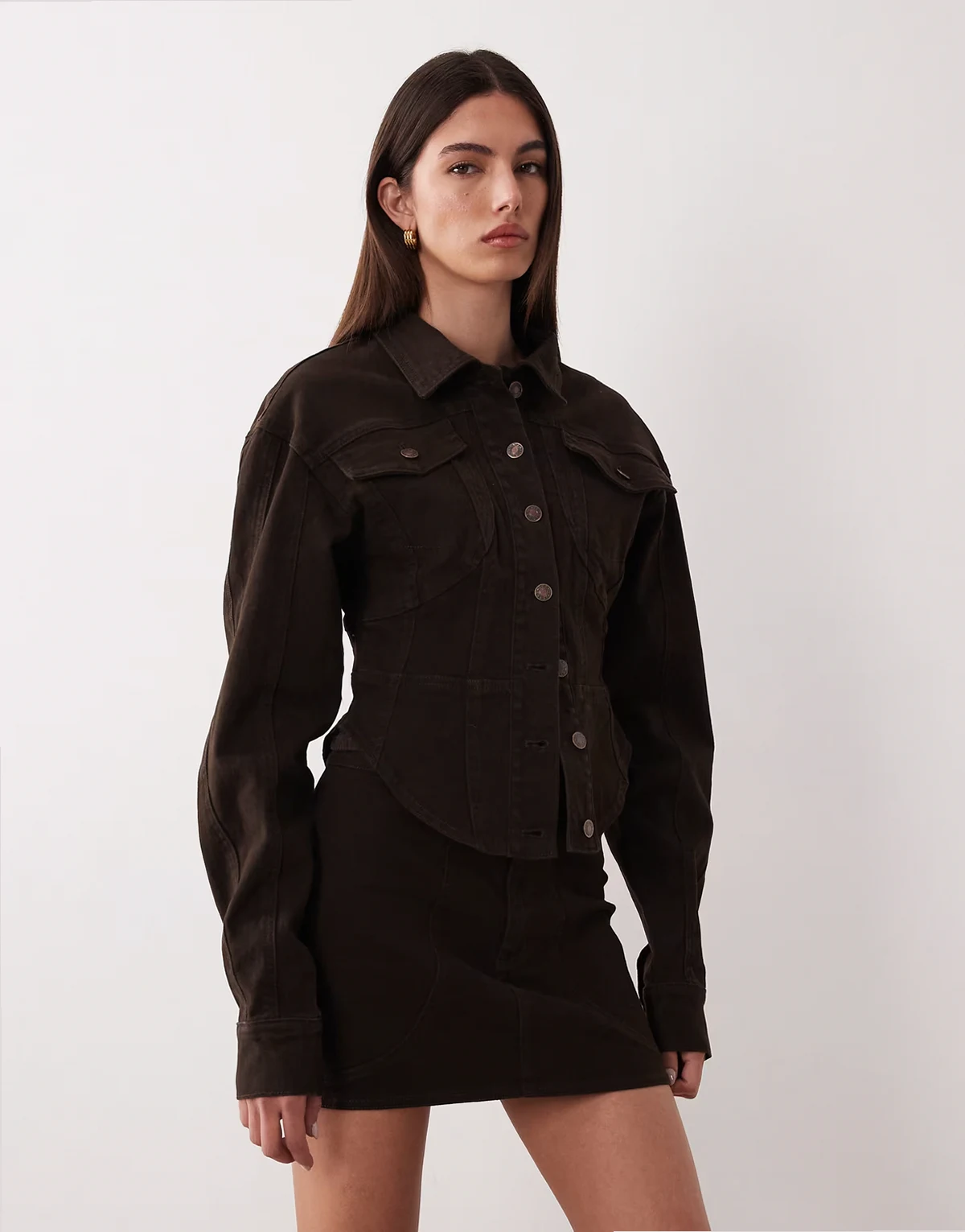 Alix cinched waist seam detailing denim jacket in mocha - part of a set