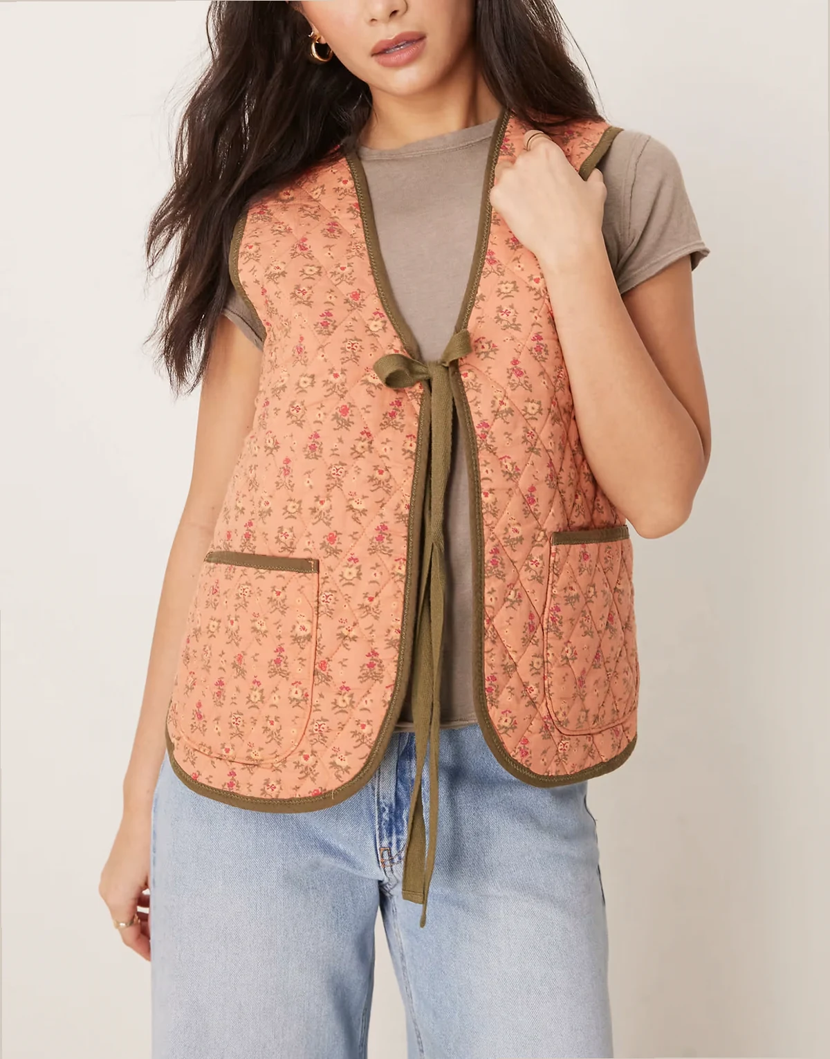 claudine quilted floral vest in orange and olive