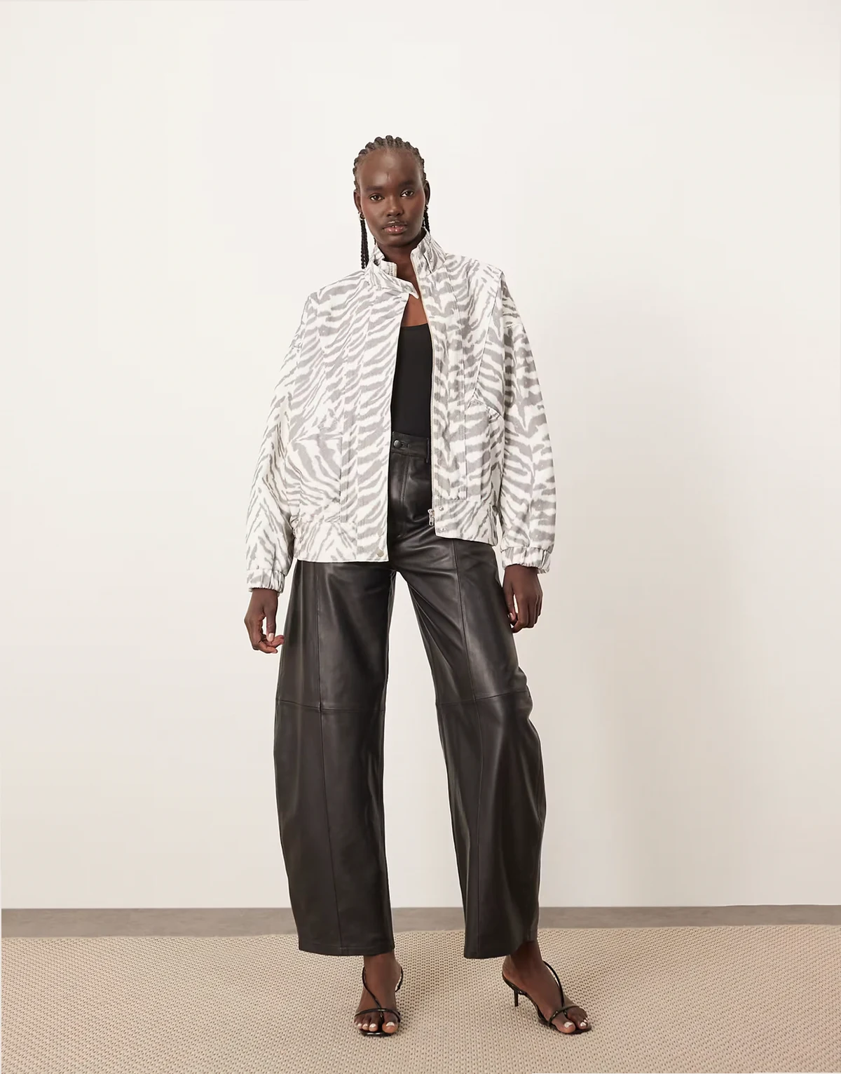 denim bomber jacket with seam detail in tiger print