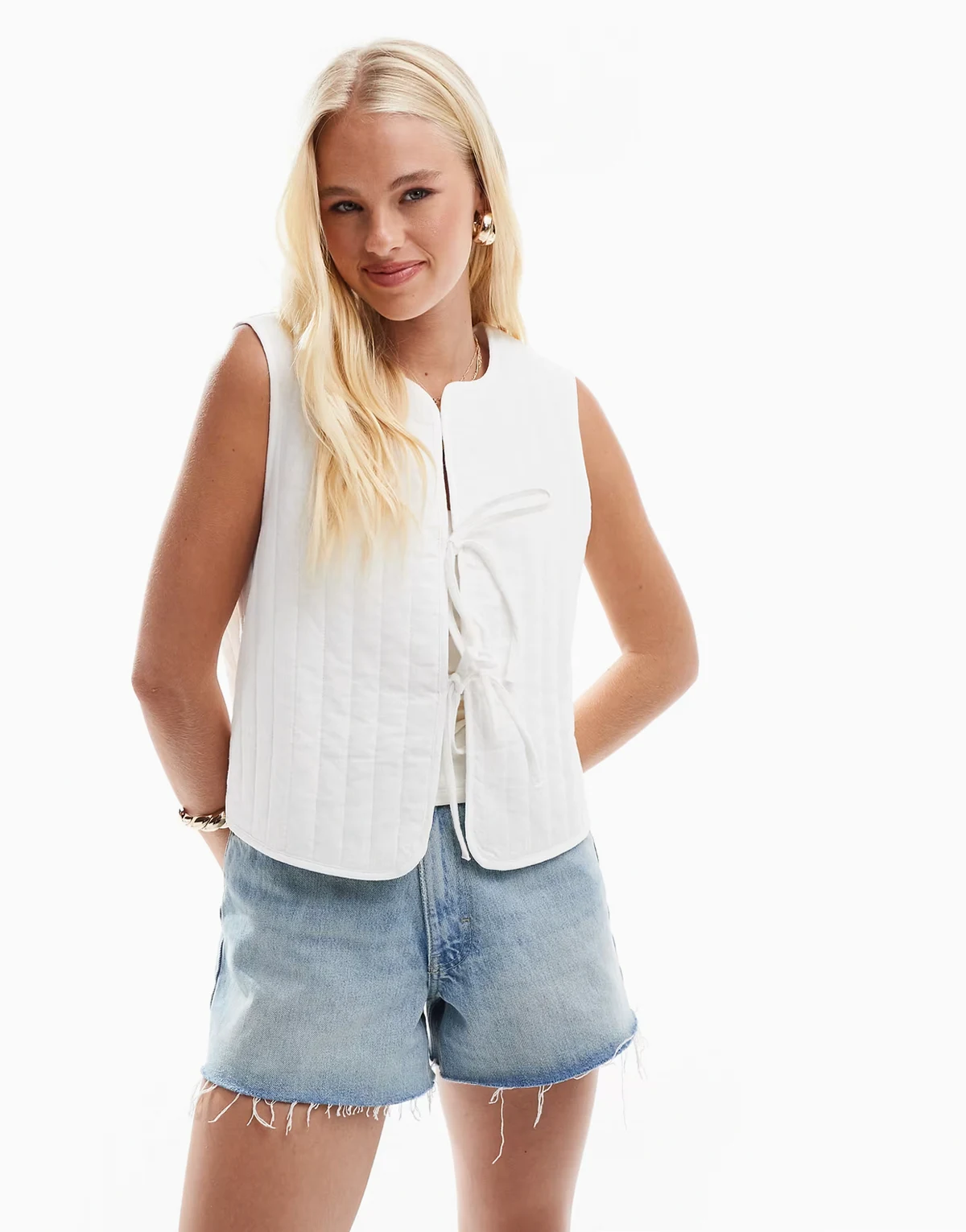 lightweight quilted tie front summer vest in cloud white