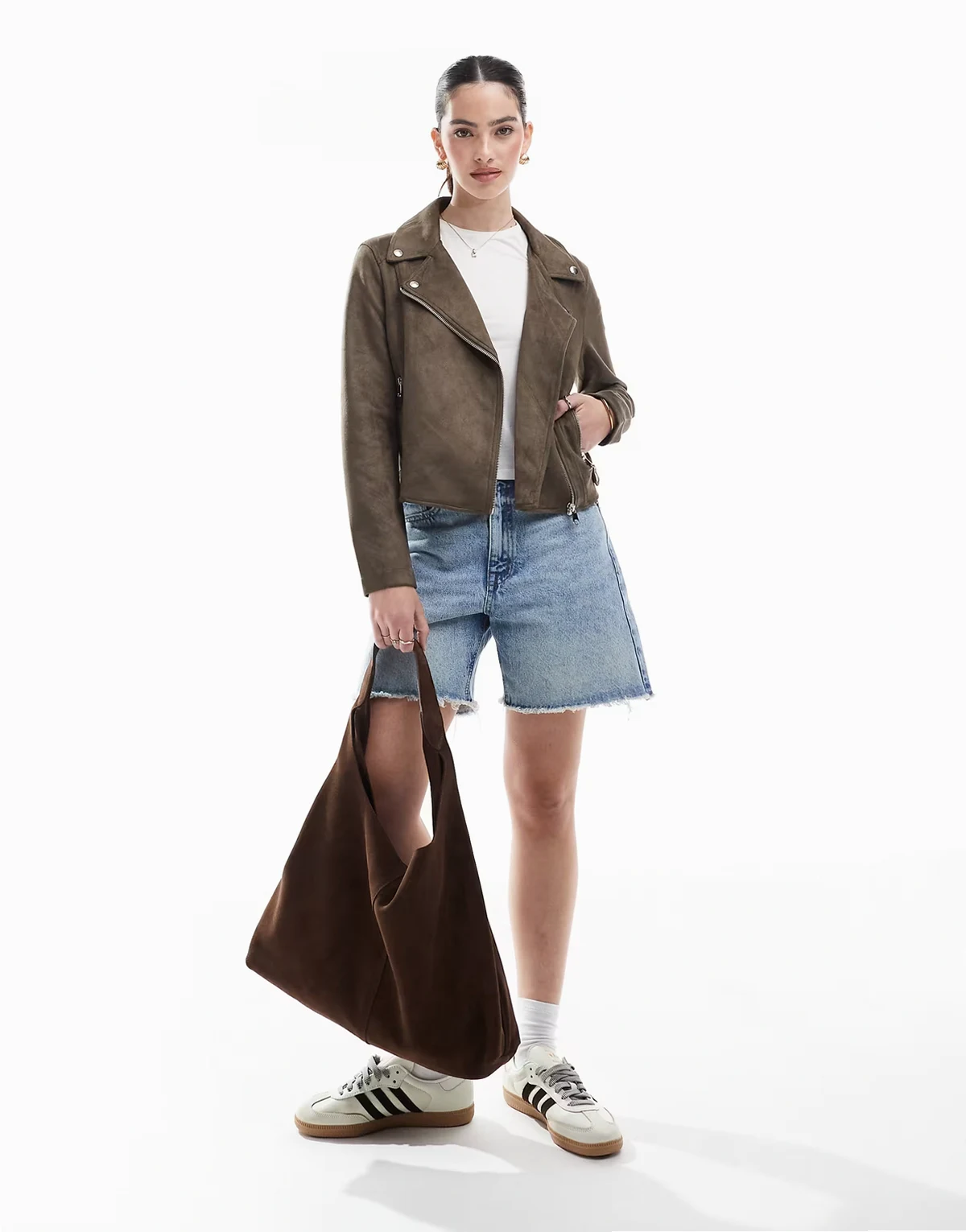 – Bikerjacke aus Kunstleder in verwaschenem Schokobraun