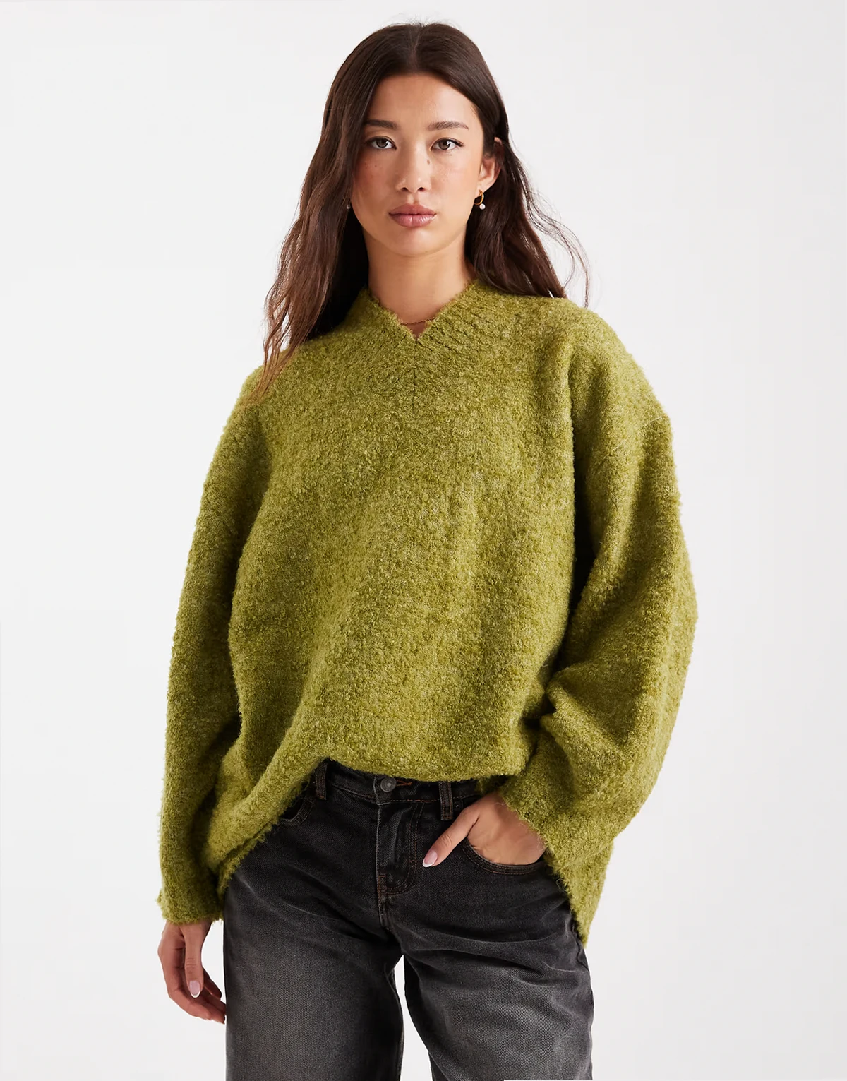longline v-neck bouclé sweater in dark olive