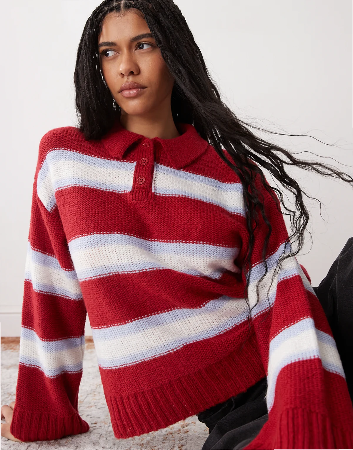 stripe flare sleeve sweater with collar detail in red