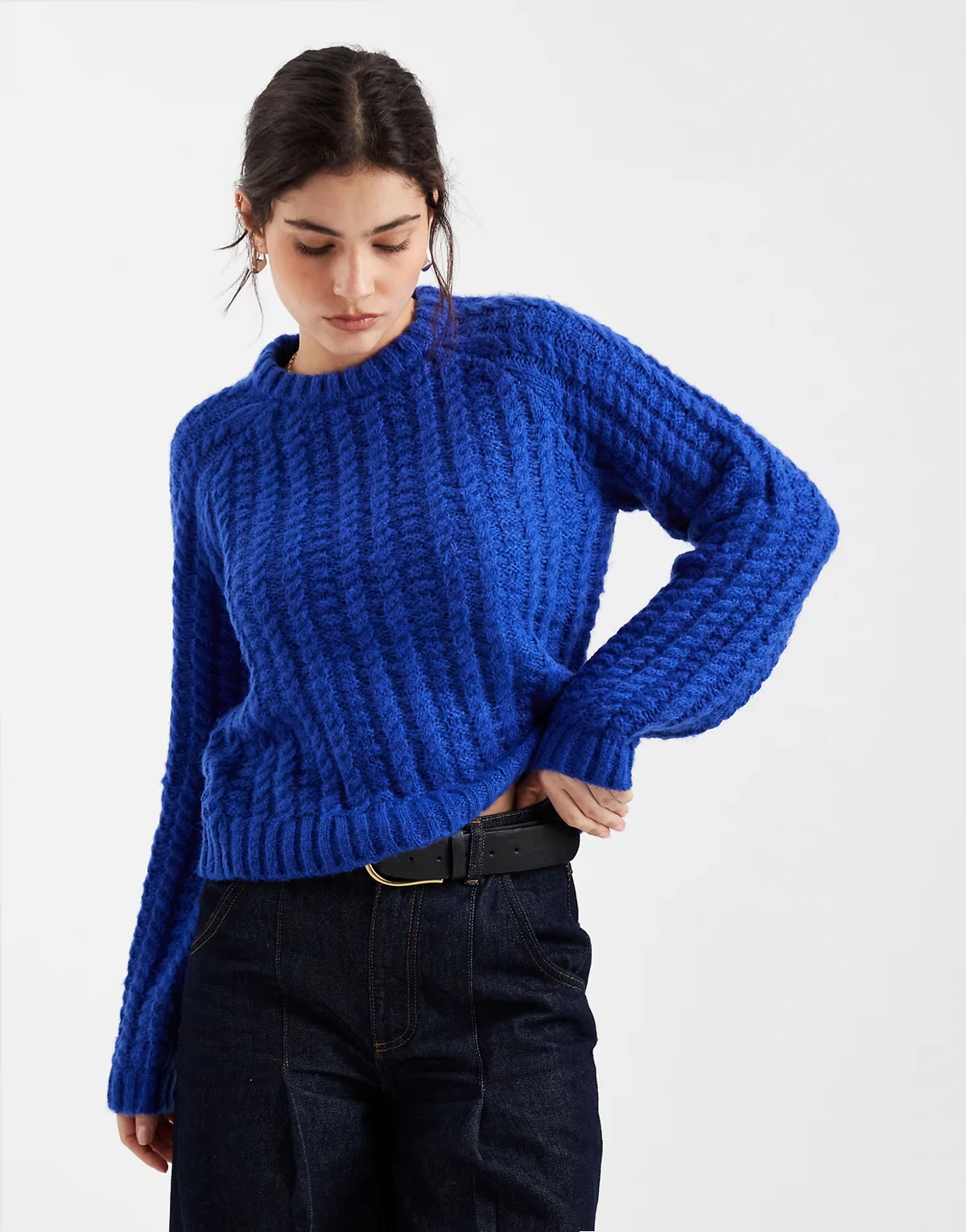 textured knit sweater in dark blue