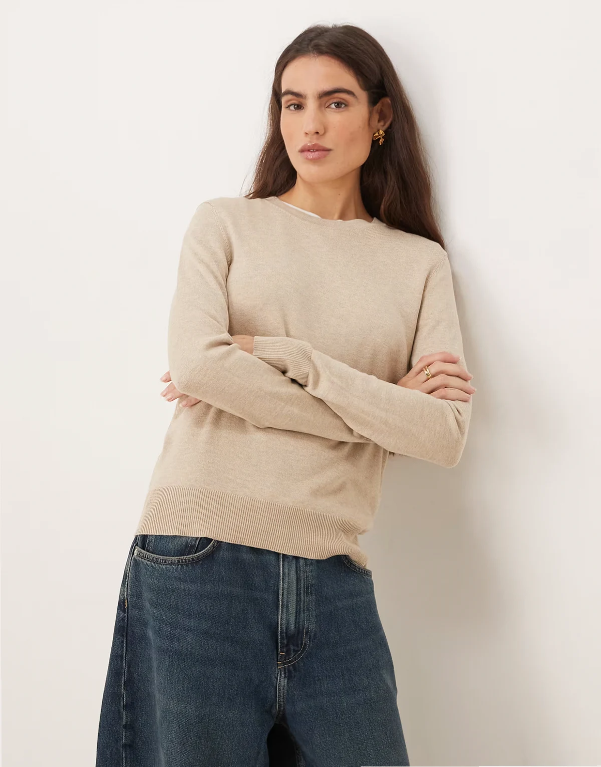 – Strickpullover in Beige mit Rundhalsausschnitt