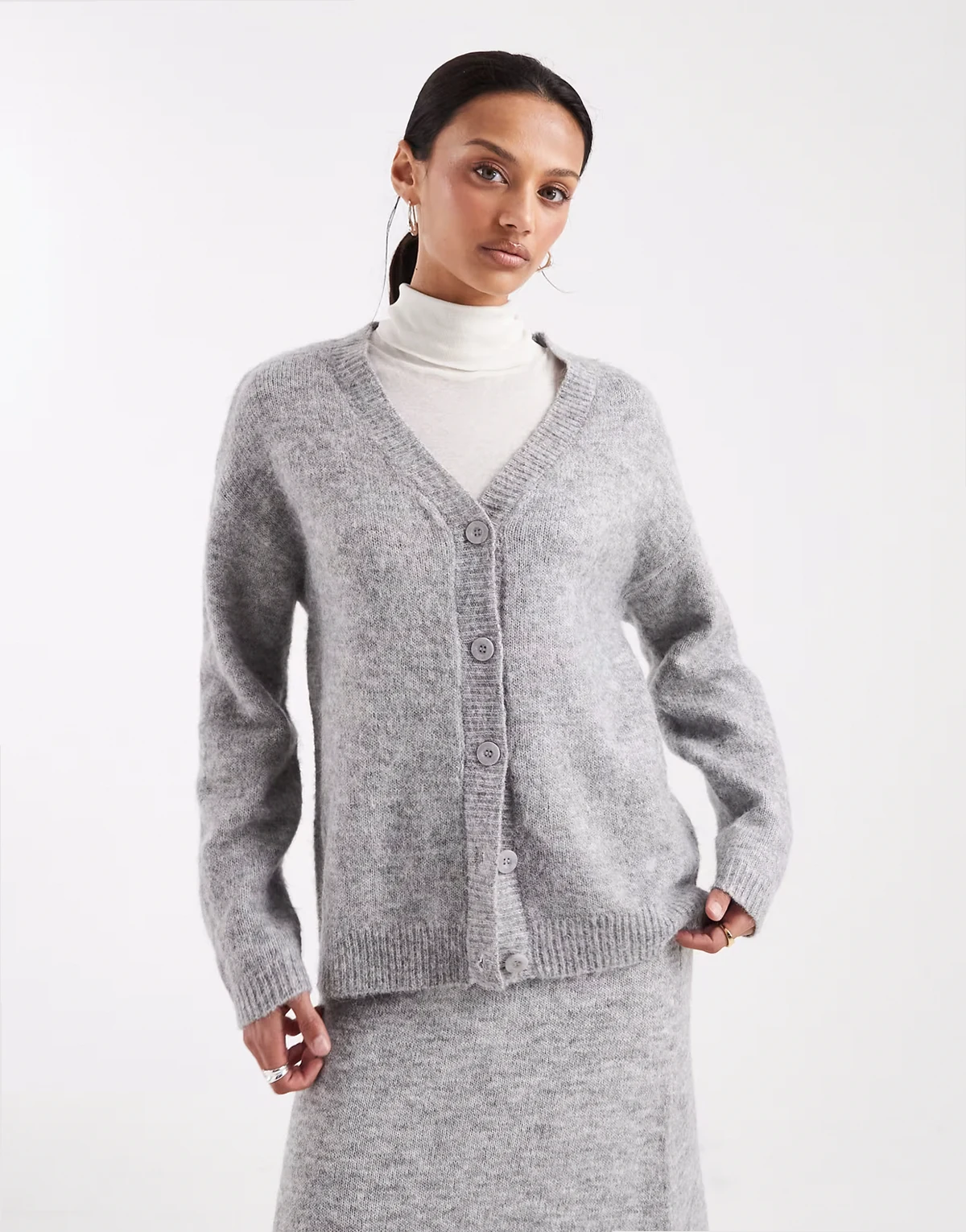 fluffy knit v-neck slouchy cardigan in medium heather gray - part of a set