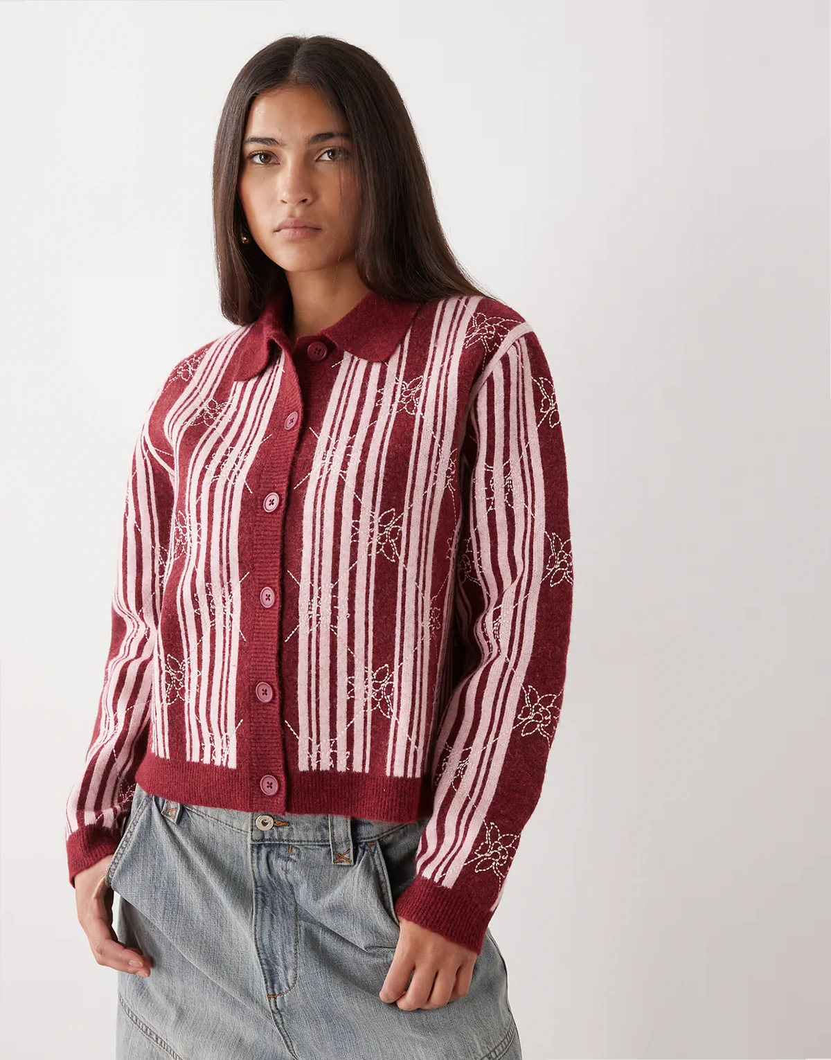 knit polo cardigan in pink and burgundy stripe with floral embroidered stitching