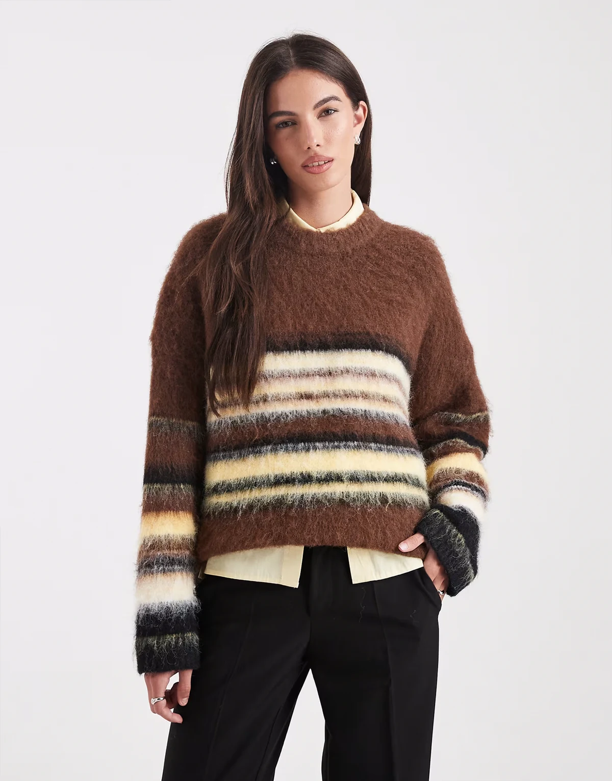 mixed stripe crew neck sweater in brown