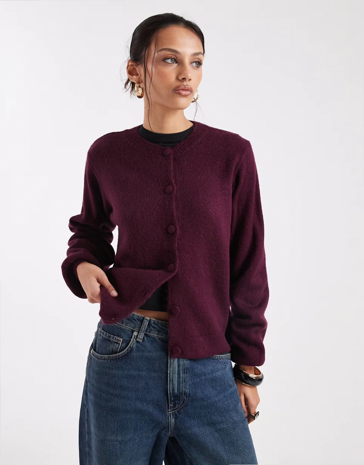 fluffy knit cardigan with blouson sleeve detailing in plum