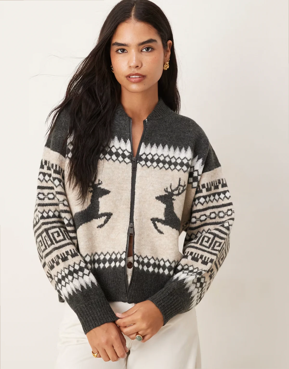 reindeer Fairisle bomber cardigan in gray