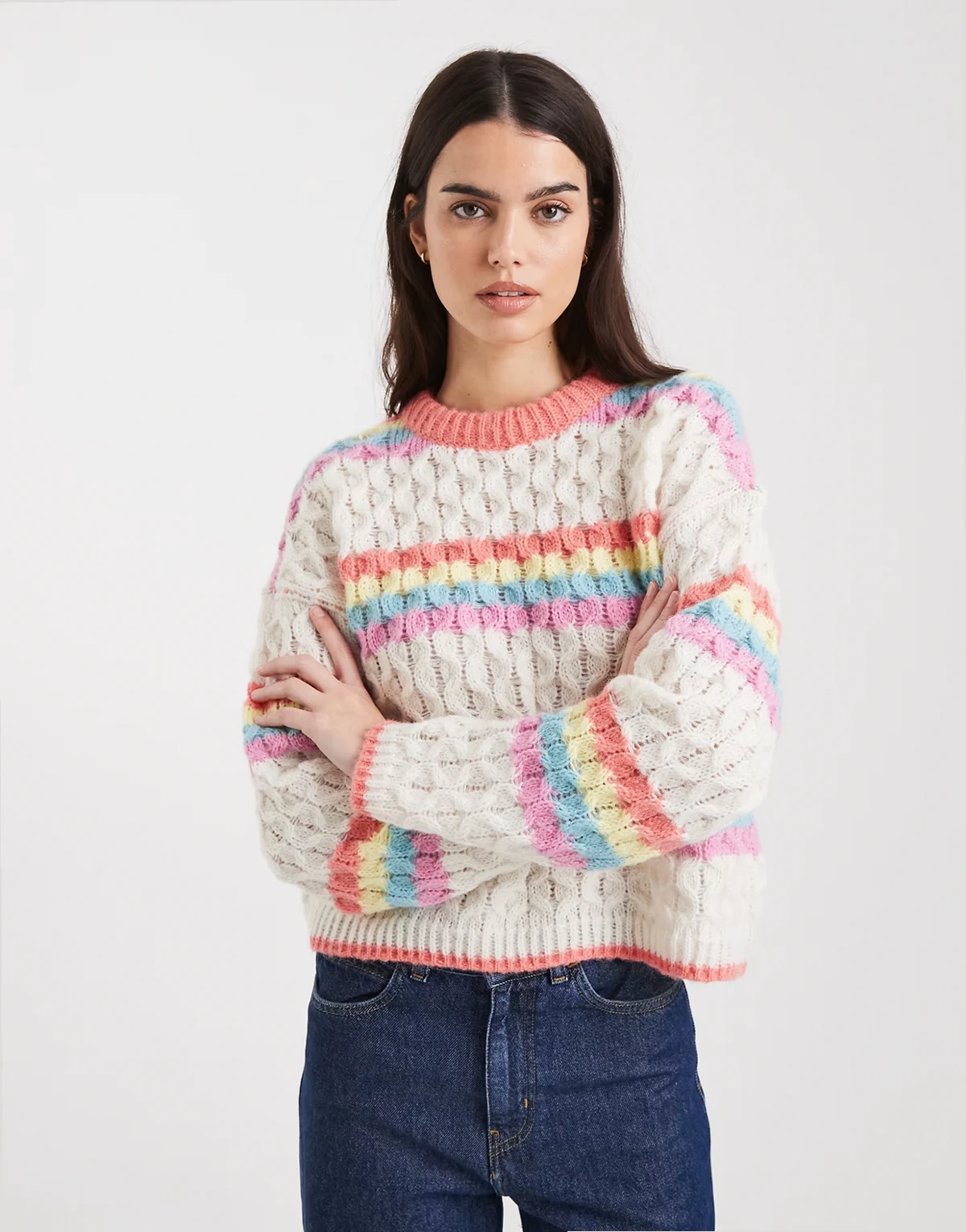 rainbow striped knit sweater in white