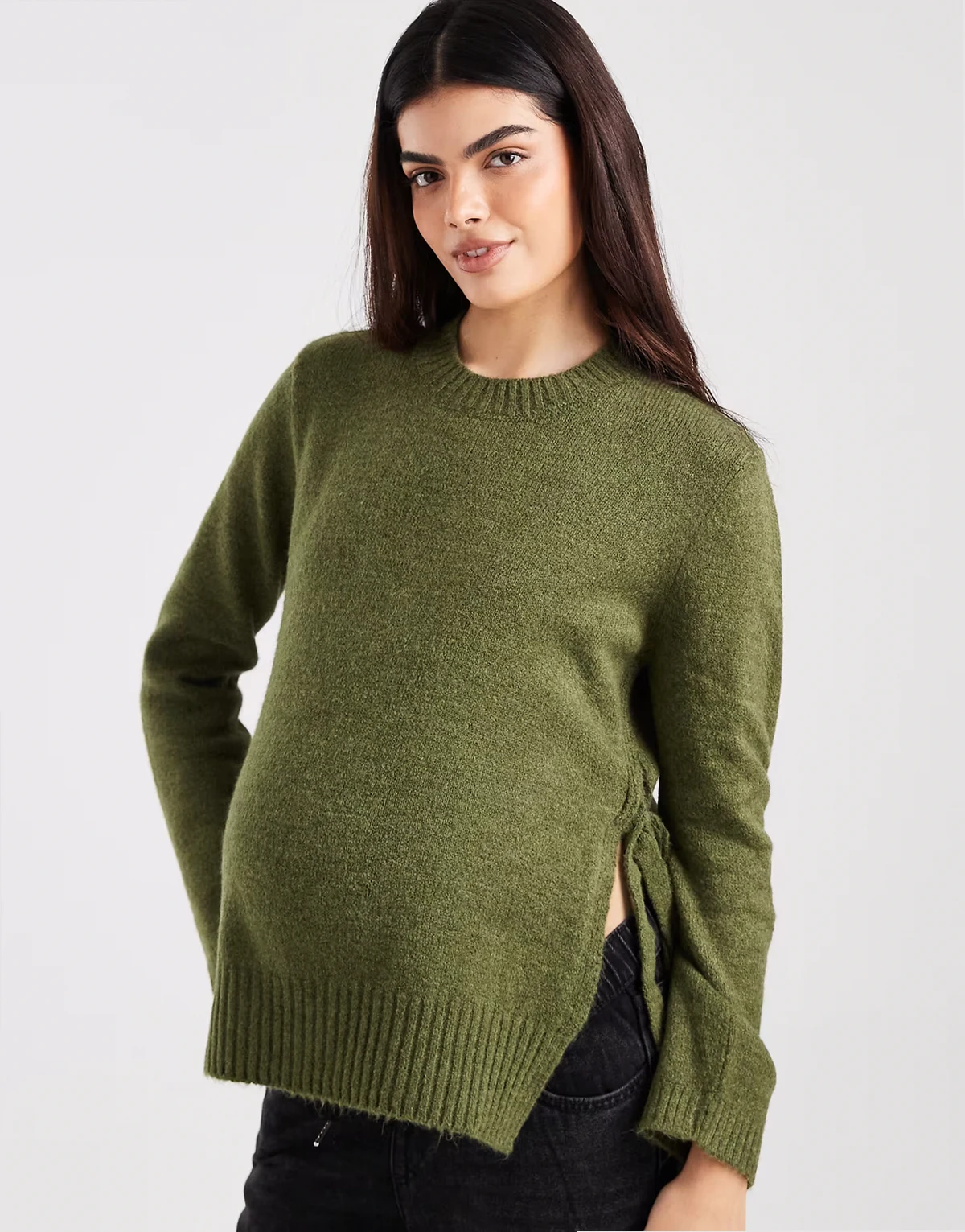 Maternity – Strickpullover in Dunkelgrün mit seitlicher Bindung