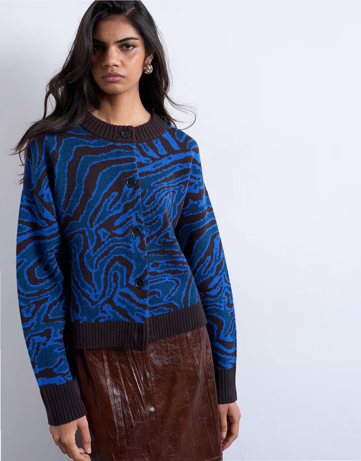 knit animal print cardigan in blue