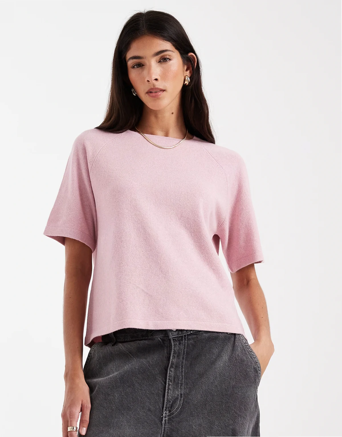 short sleeve knit sweater in heathered light pink