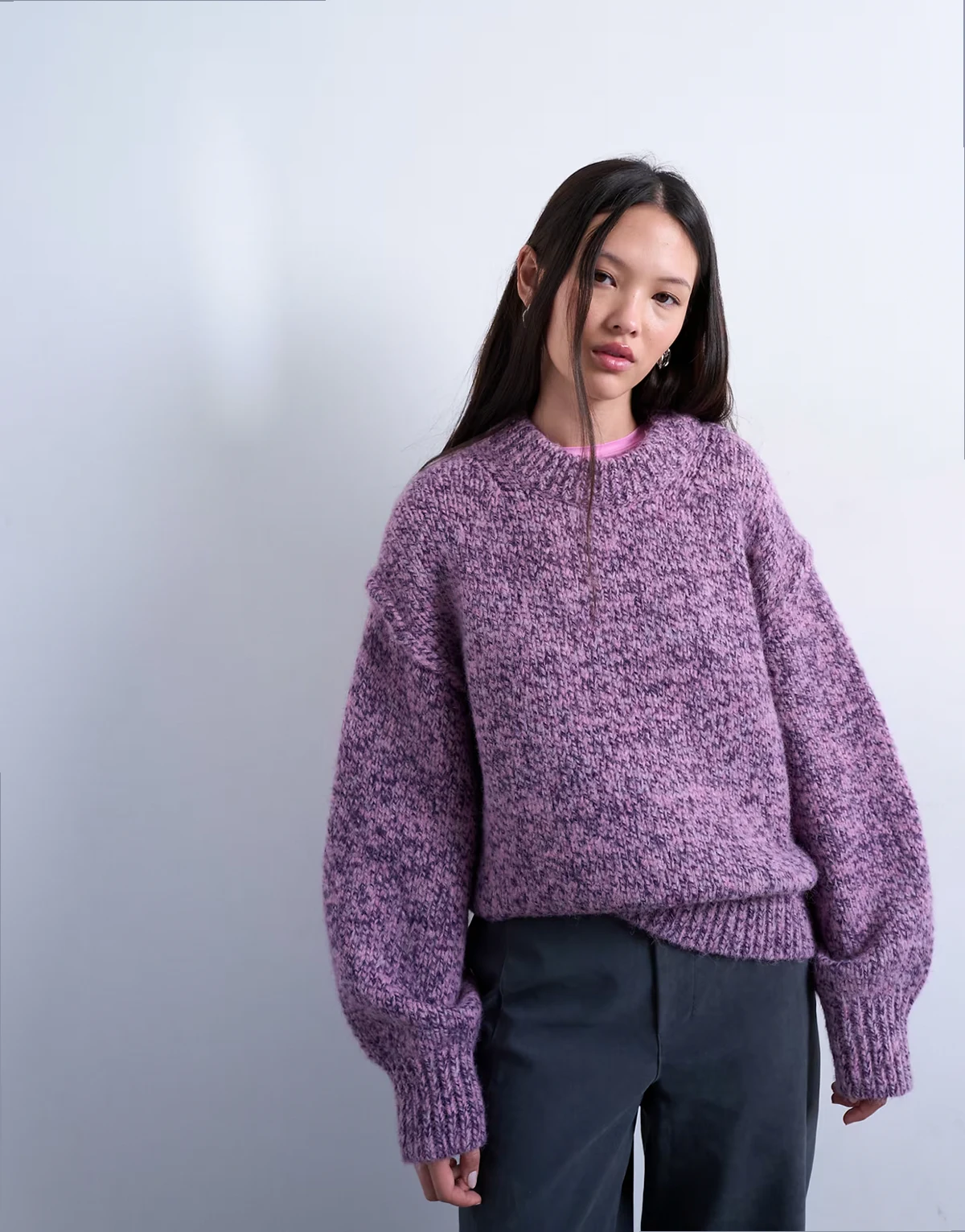 knit fluffy twisted yarn sweater in purple