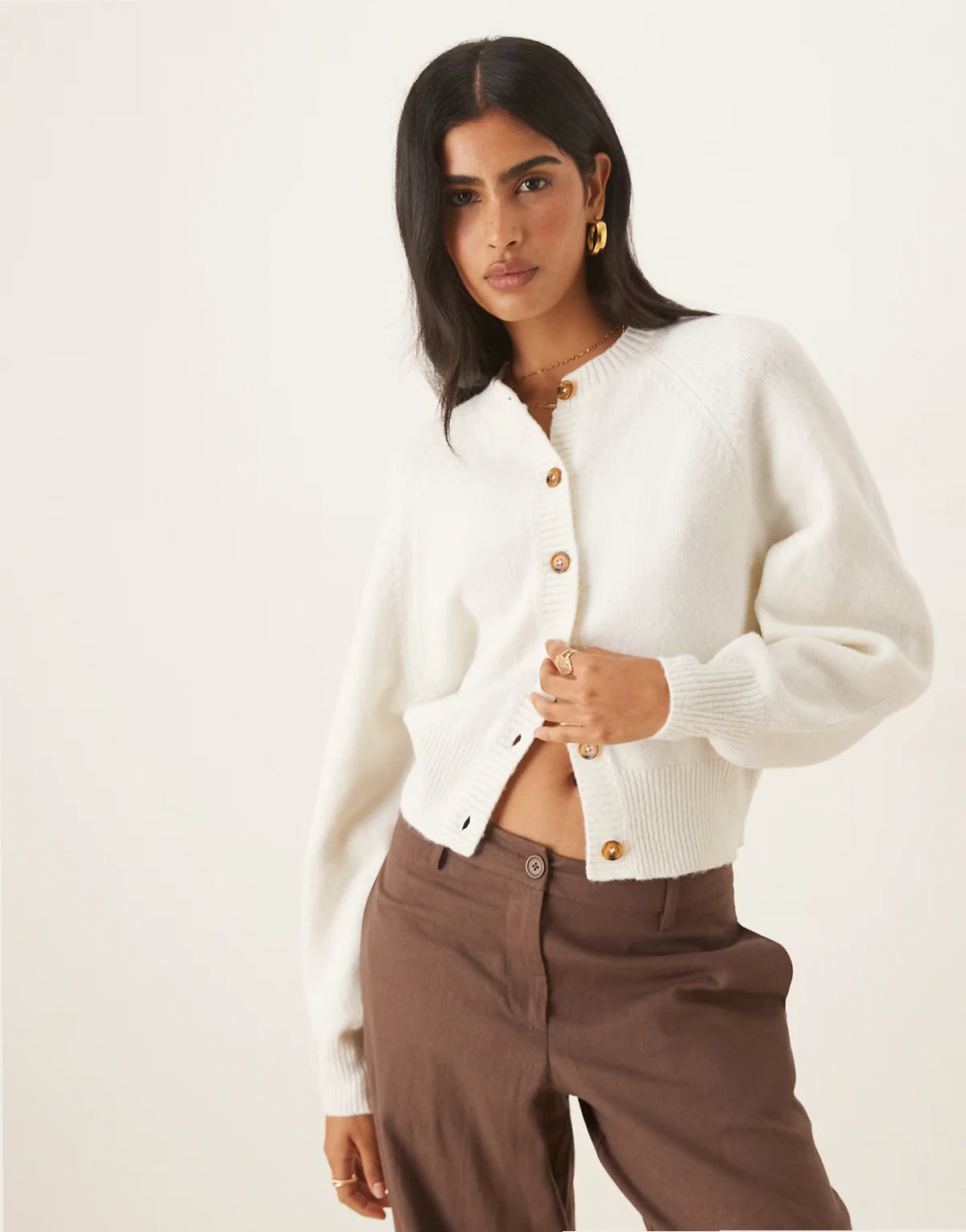 crew neck cardigan with raglan sleeve detail in cream