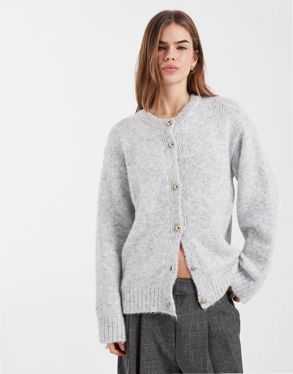wool look knit cardigan with metal hardware in charcoal
