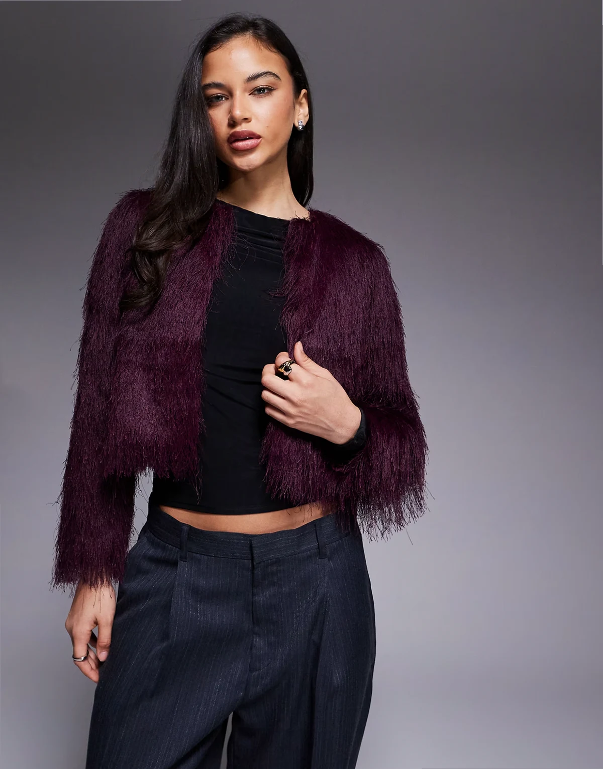 faux fur knit jacket in burgundy
