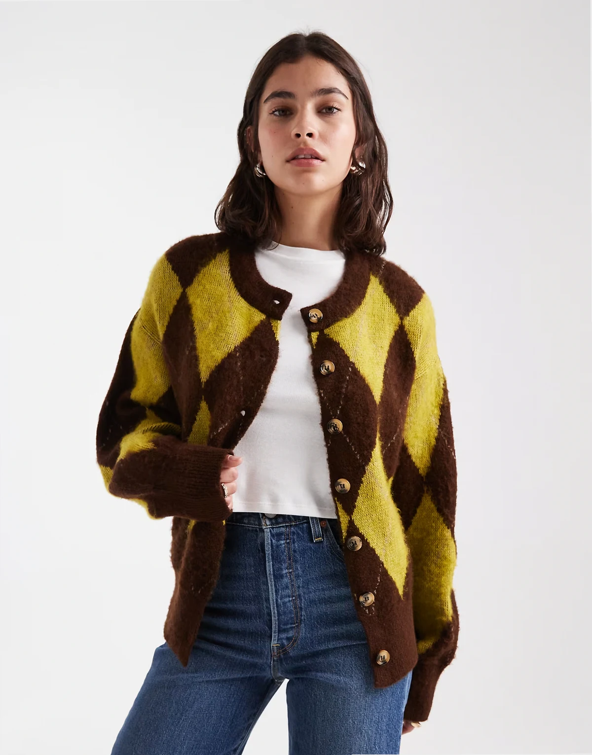 arygle oversized boxy cardigan in chocolate and olive