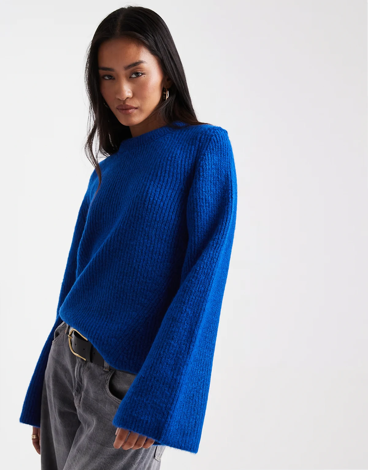 crew neck sweater with bell sleeves in cobalt
