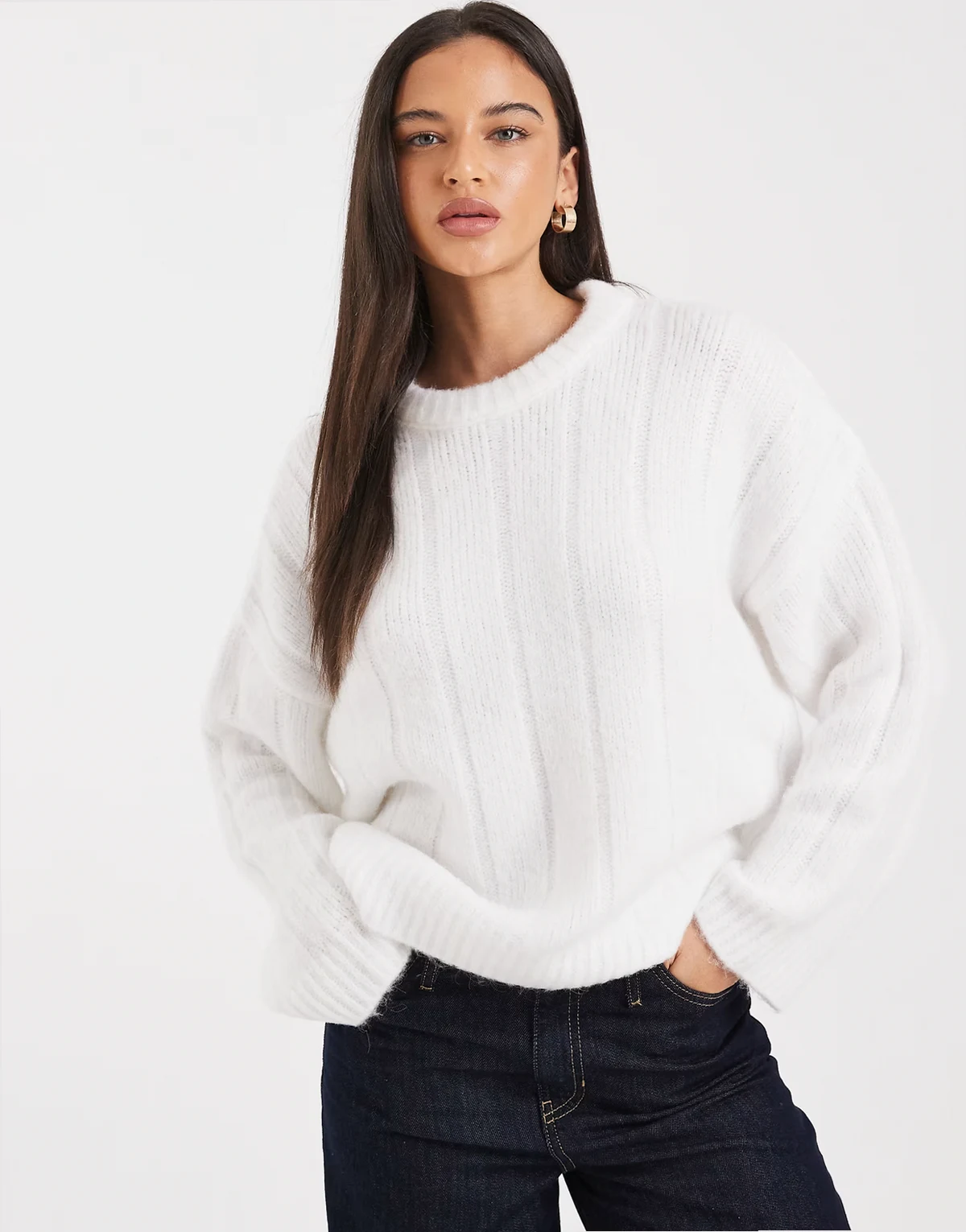 oversized wide ribbed crew neck sweater with curved hem in cream