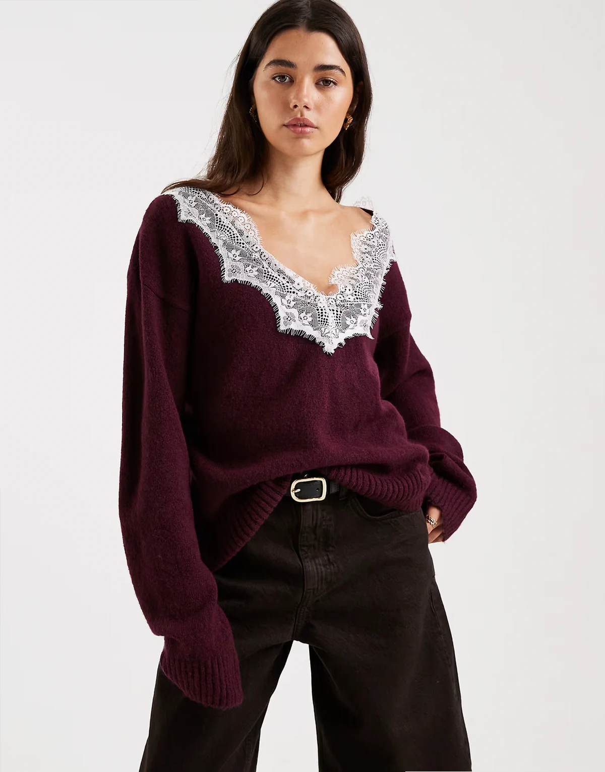 knitted v neck sweater with lace trim in plum
