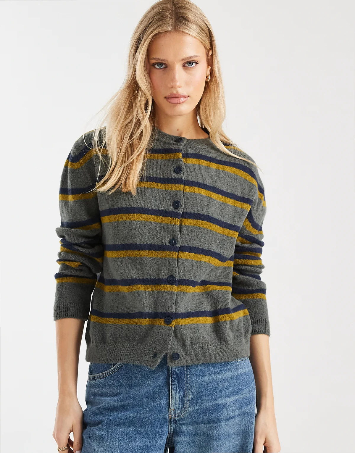 knit boxy fit cardigan in gray and olive stripes