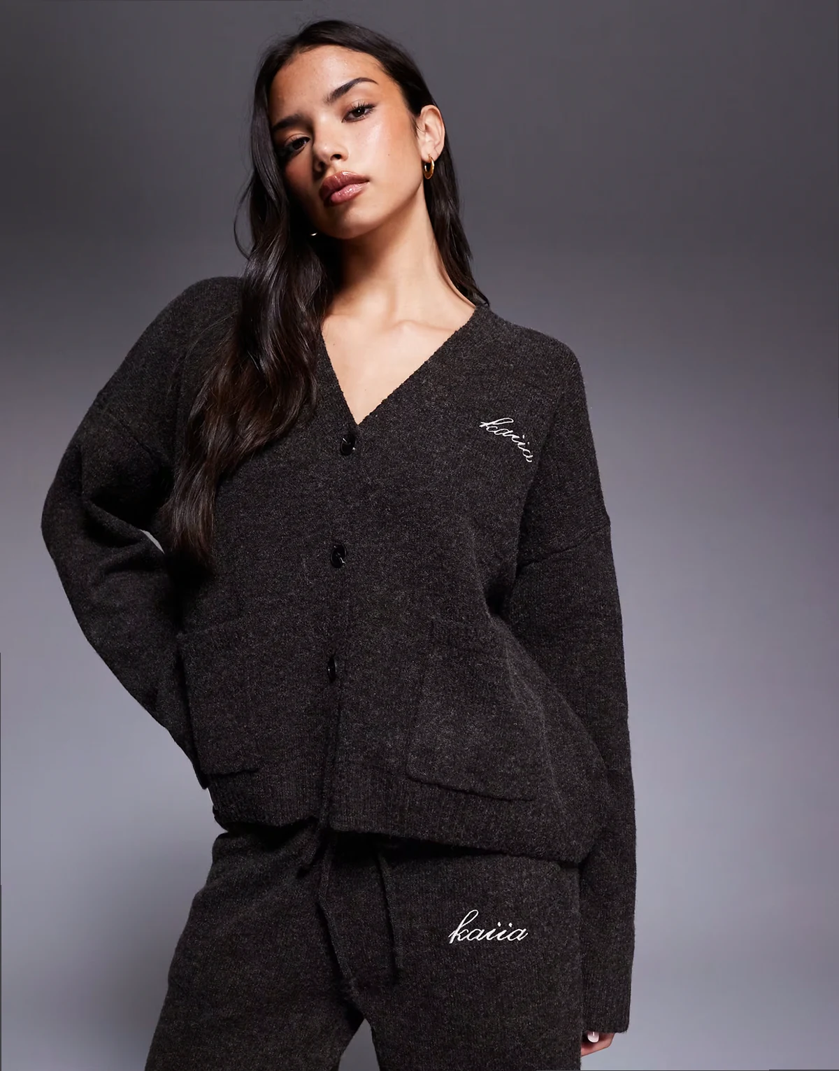 knit embroidered logo button through cardigan in brown - part of a set