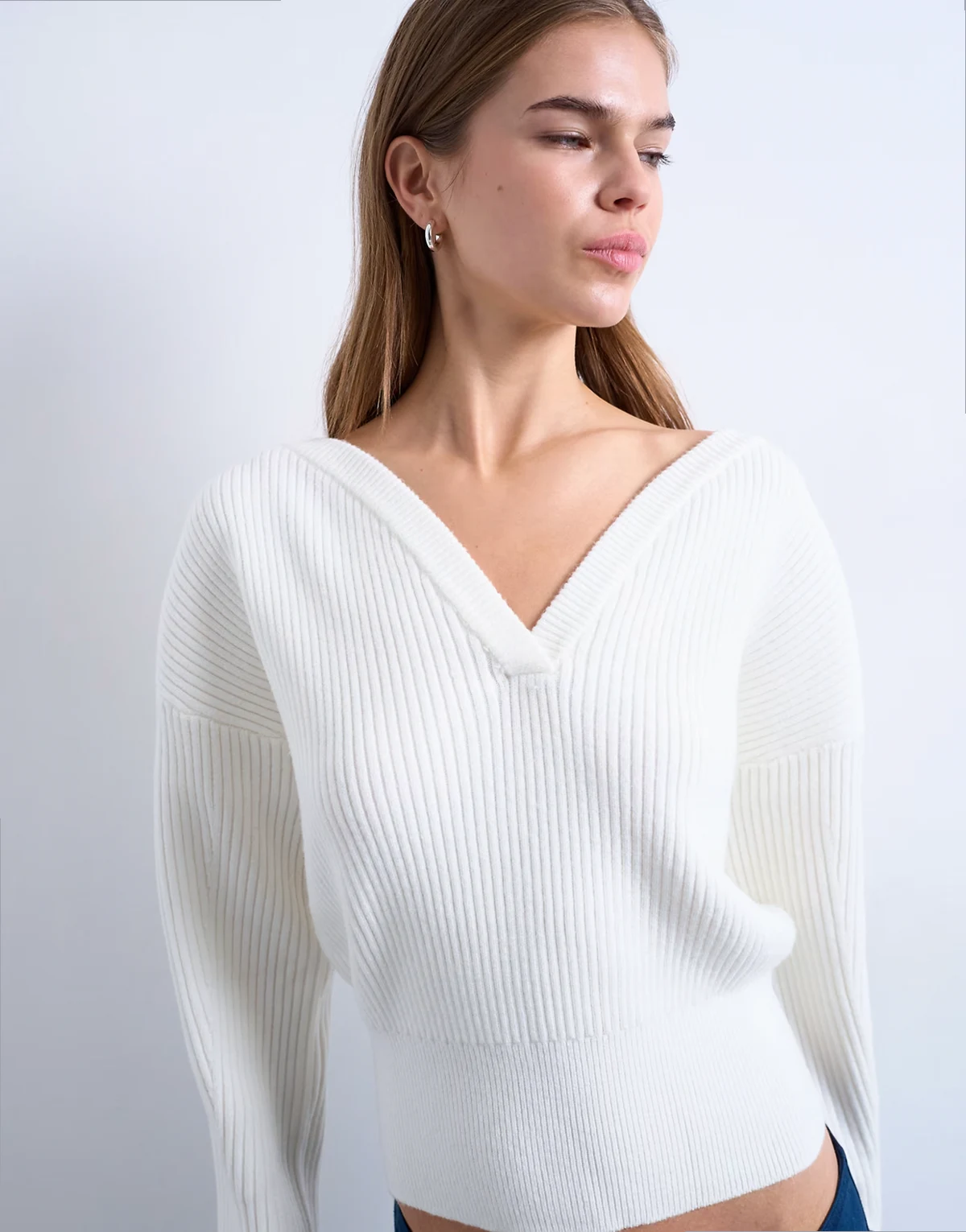 knit sweetheart neck cinched waist sweater in ivory